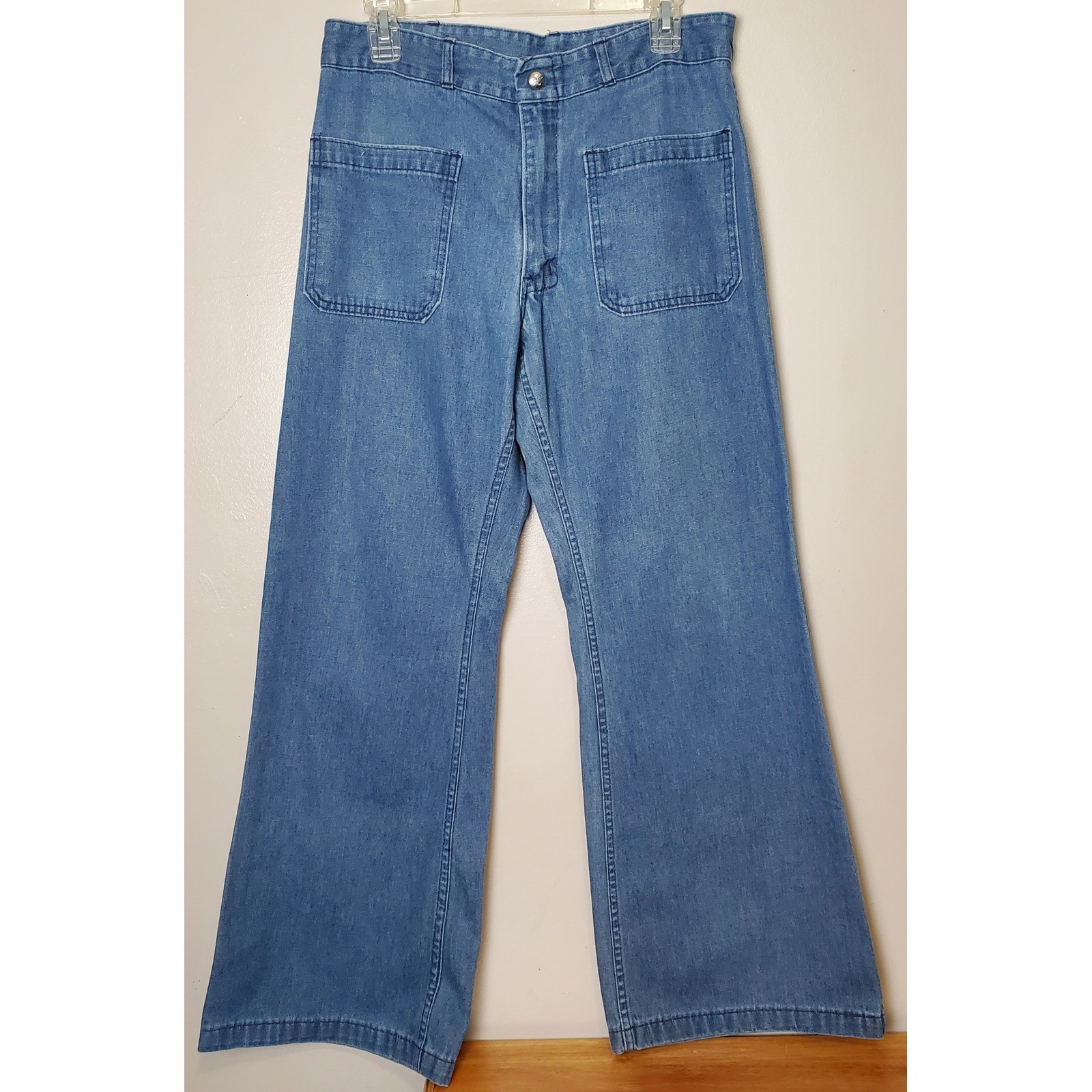 Vintage Navy Seafarer Dungaree Jeans Utility Trousers Bell Bottom Wide Leg 32x29