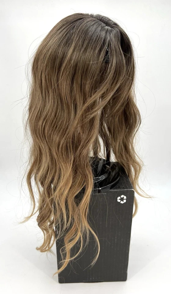 Brown w/ Dark Roots Wavy with Curtain Bang 20in Women Premium Hair Topper