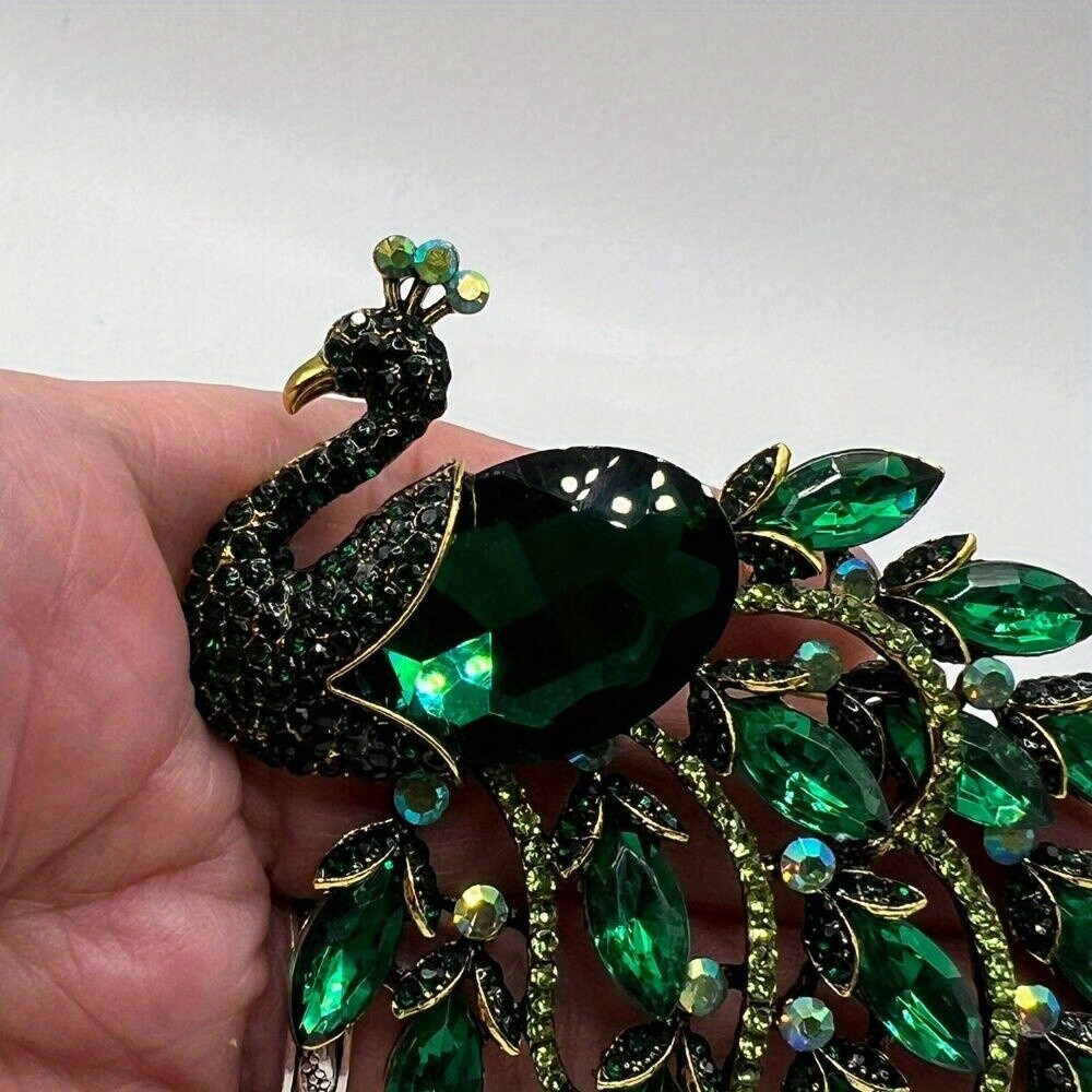 PEACOCK BROOCH Pin Pendant Green Navette Ab Rhinestone Bird Costume Jewelry