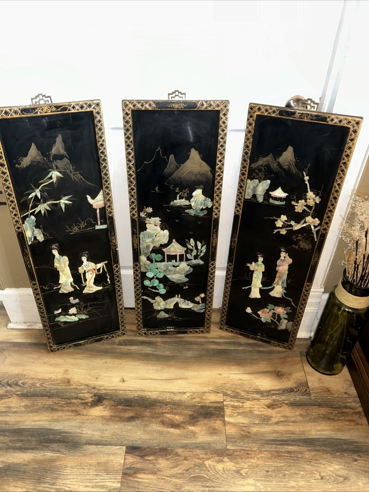 3 Vintage Laquered Asian With Mother of Pearl Panels 12”x 36”