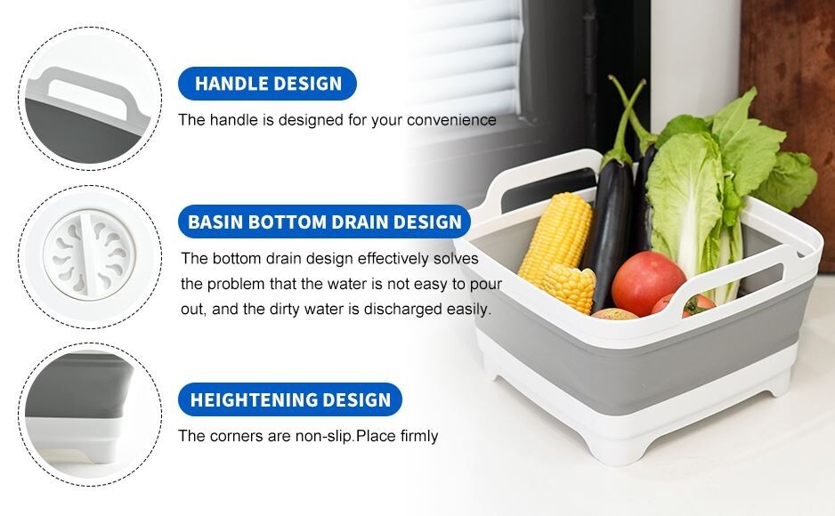 2 PACK! Gray Collapsible Sink with Drain, Wash Basin Camping Kitchen Laundry Tub