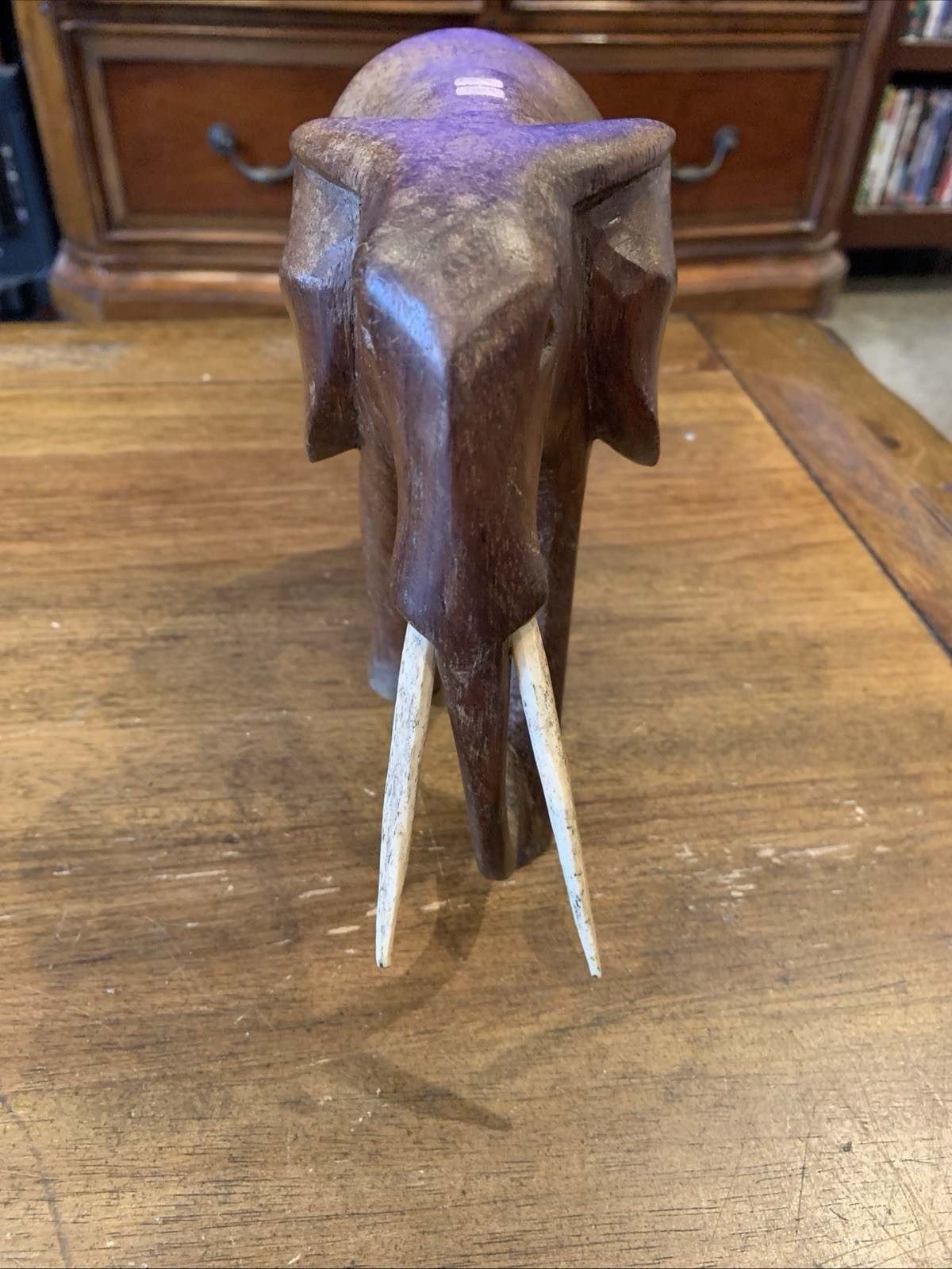 VINTAGE LARGE AFRICAN WOODEN ELEPHANT SCULPTURE Hand Carved ORIGINAL TUSKS