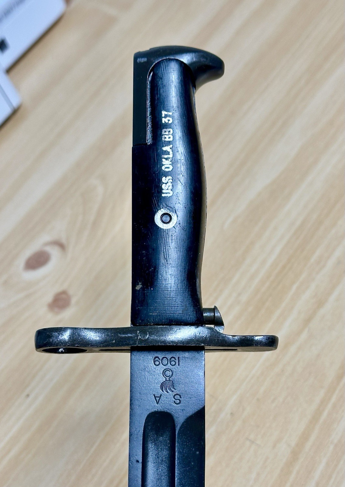 Pre-WWI US M1905-E1 10” Bayonet SA 1909 Springfield Armory Marked USS OKLA BB 37