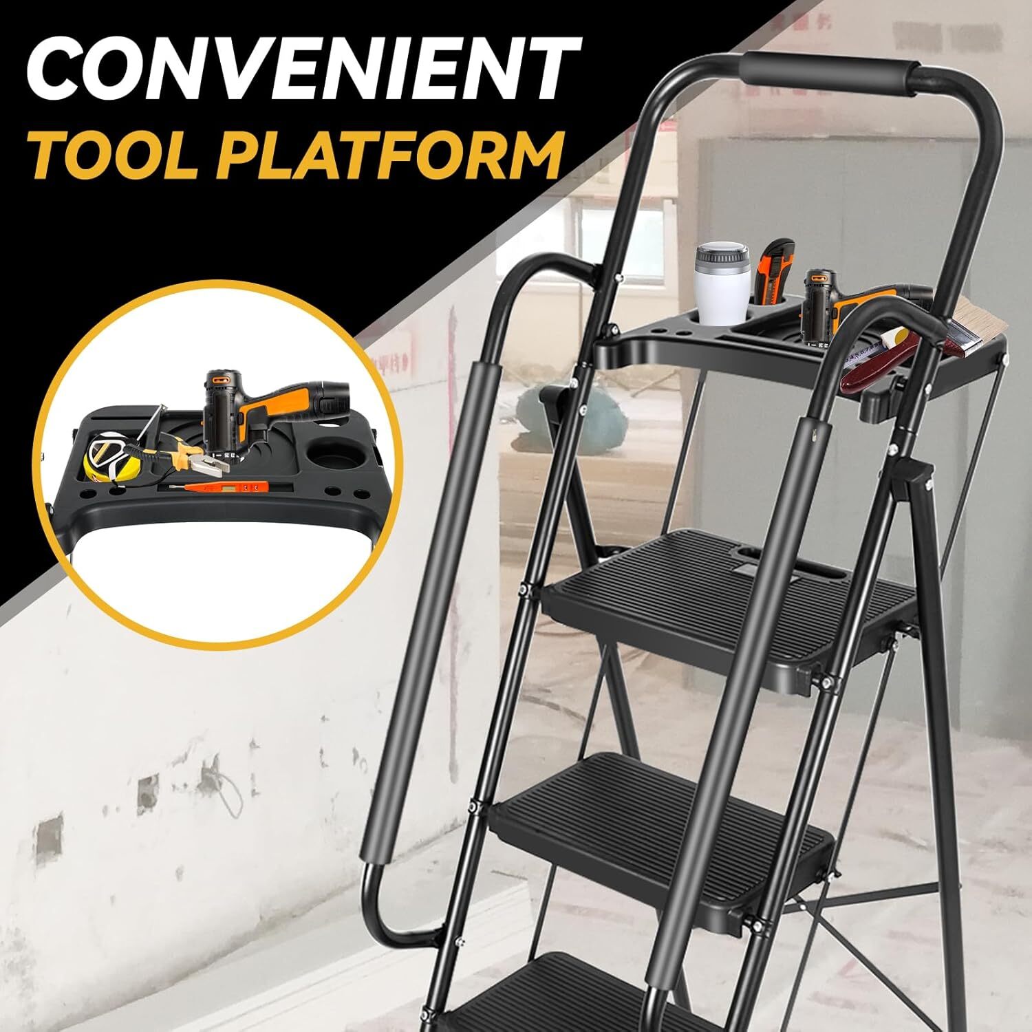 5 Step Non-Slip Stool Ladder with Handrails 330 lbs folding Tool Tray Platform