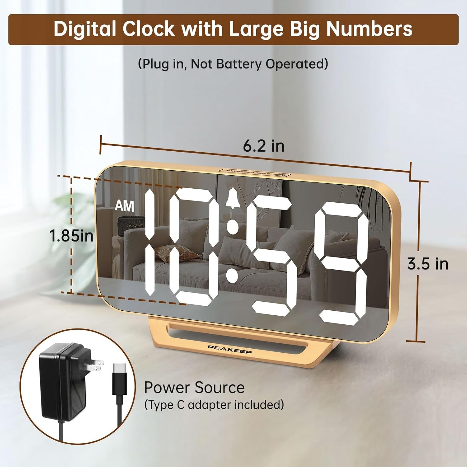 Minimalist Digital Alarm Clock - Stylish Mirror Design with 6 Brightness Levels