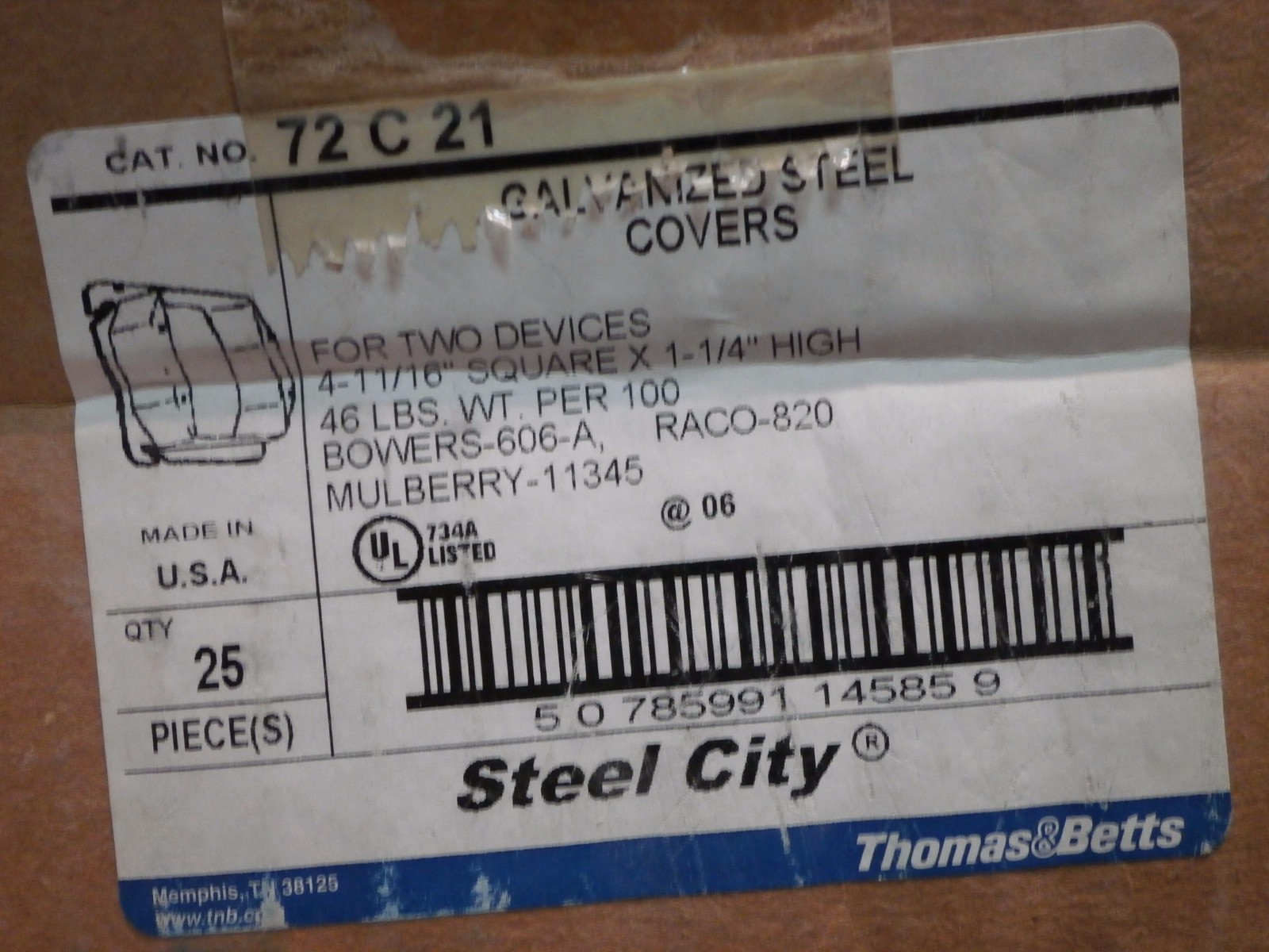 Steel City 72-C-21 Cover Mud Ring 2-Device 4-11/16" Square x 1-1/4" (820 606-A)
