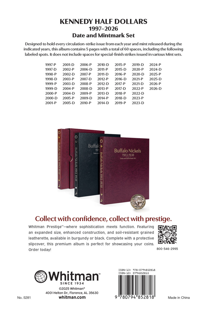Whitman Prestige™ Album-Kennedy Half Dollars: 1997-2026 Date & Mintmark Set(Bur)