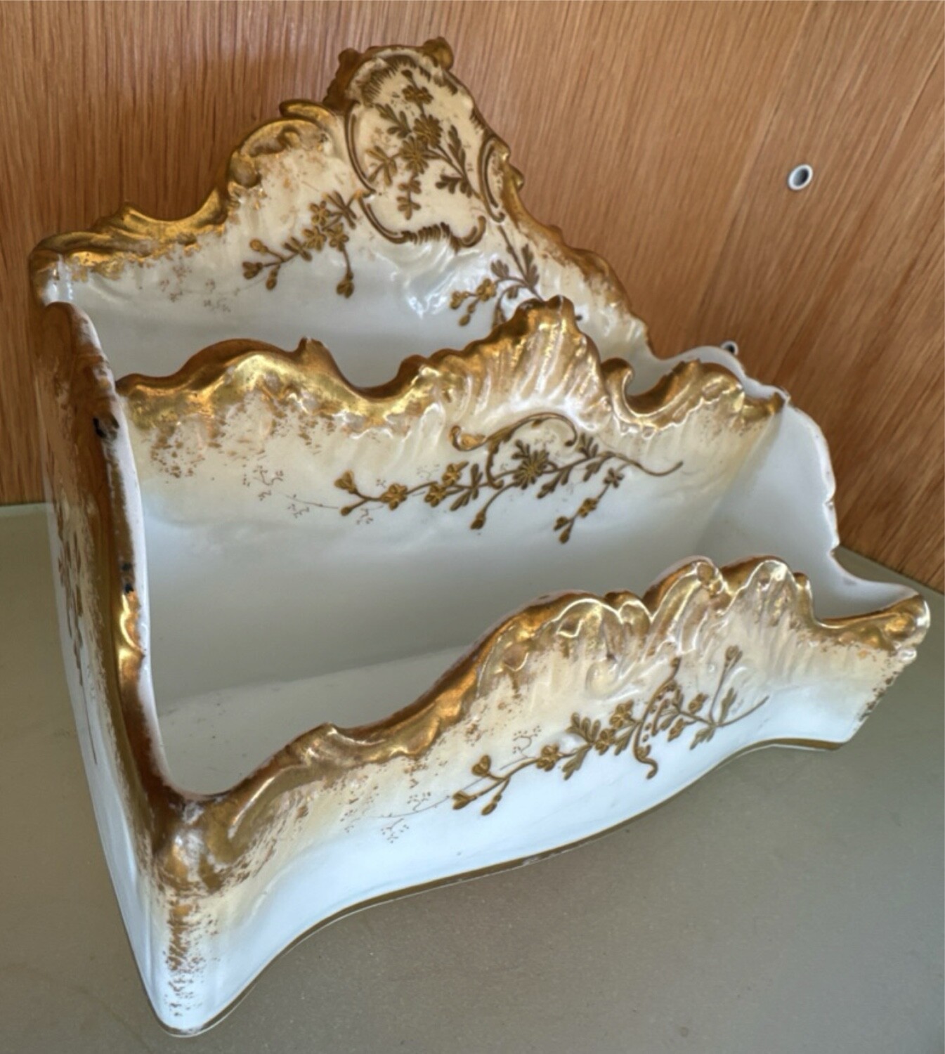 antique c. 1900 AK CD LIMOGES gilt porcelain letter holder desktop accessory