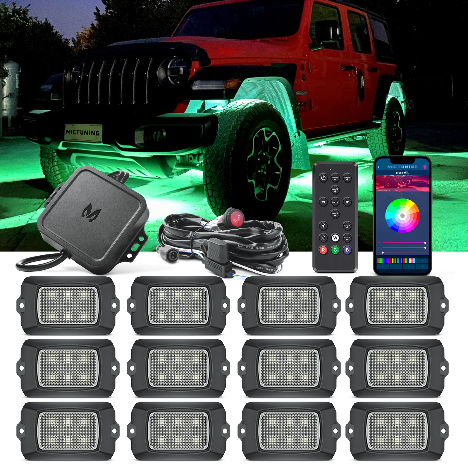 MICTUNING Q1 RGBW LED Rock Lights,12 Pods Underglow Neon Multicolor Lighting Kit
