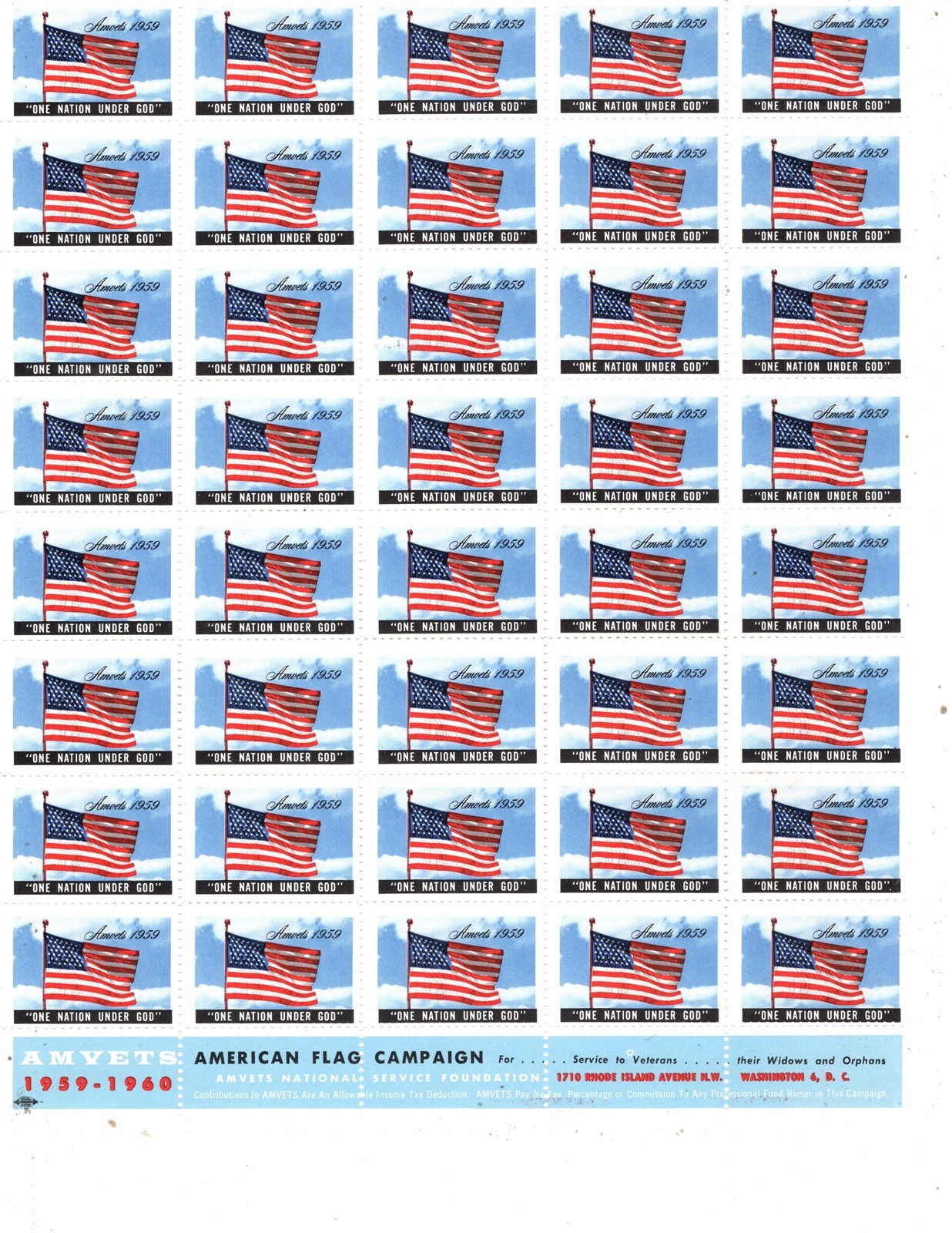 US Charity Stamp AMVETS American Veterans 1955 Thru 1964, 10 Full Sheets MNH
