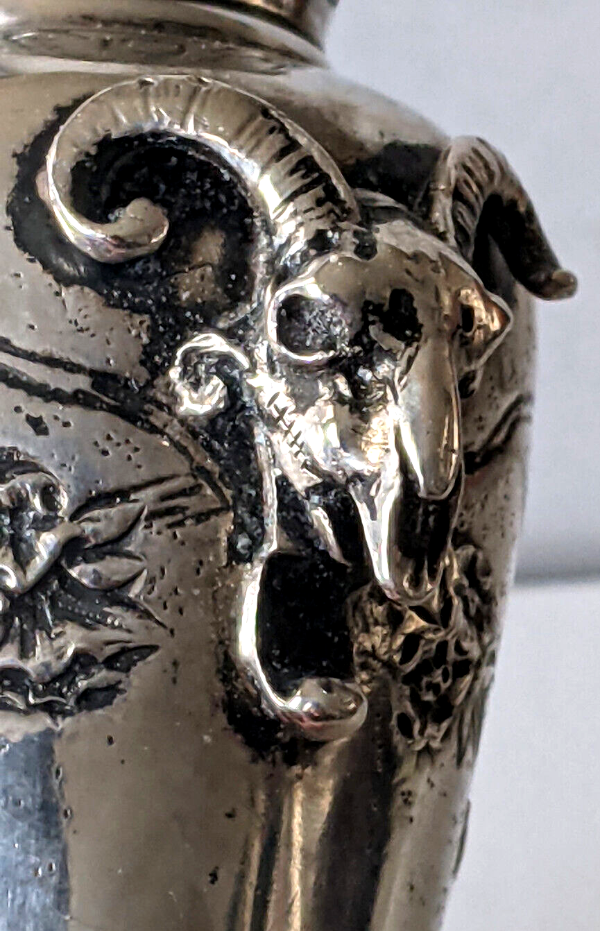 c.1900 Antique German Kaser & Walter 800 Silver Cabinet Vase. Applied Ram Skulls
