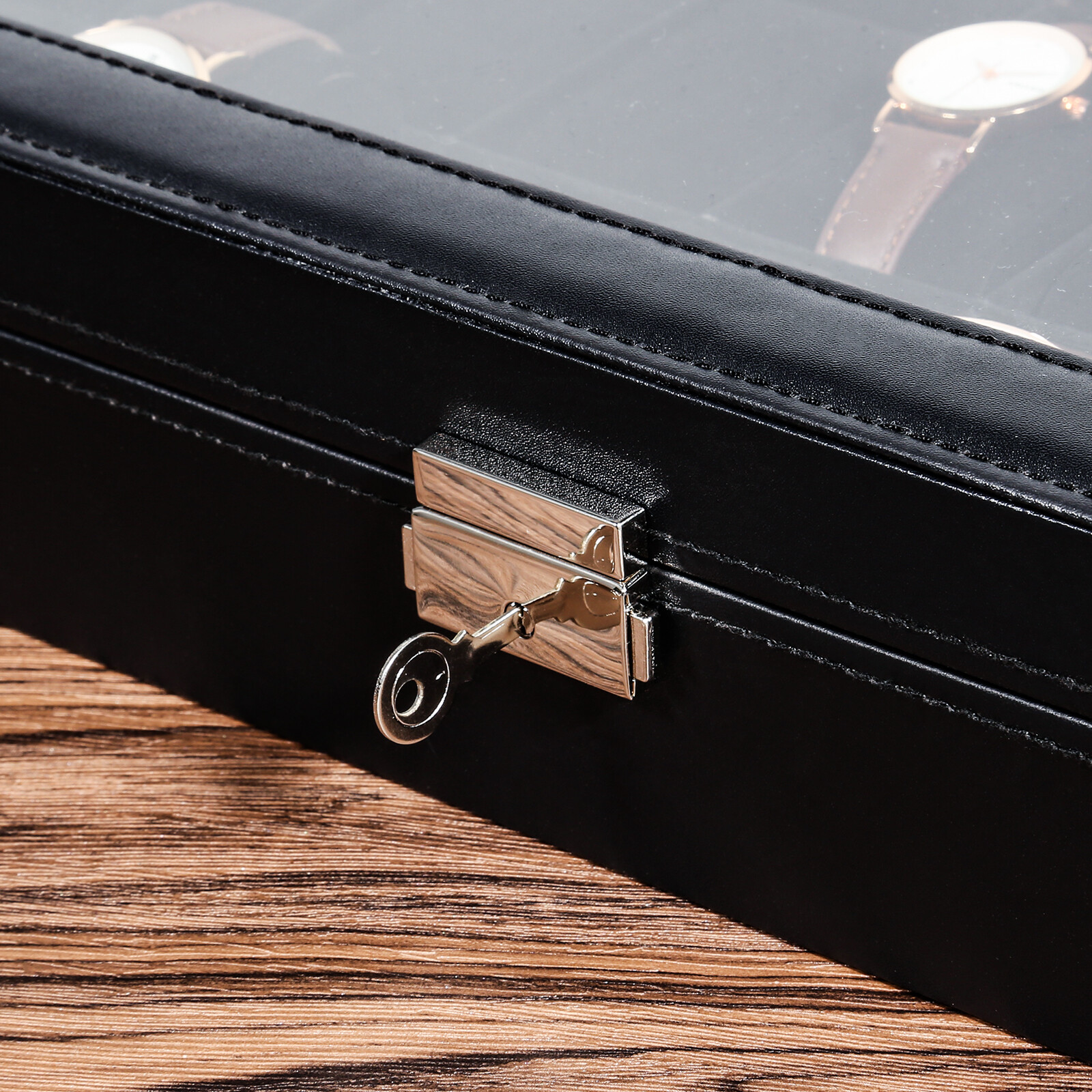 24 Slots Watch Case Box PU Leather Glass Lid Jewelry Organizer Display Case Gift