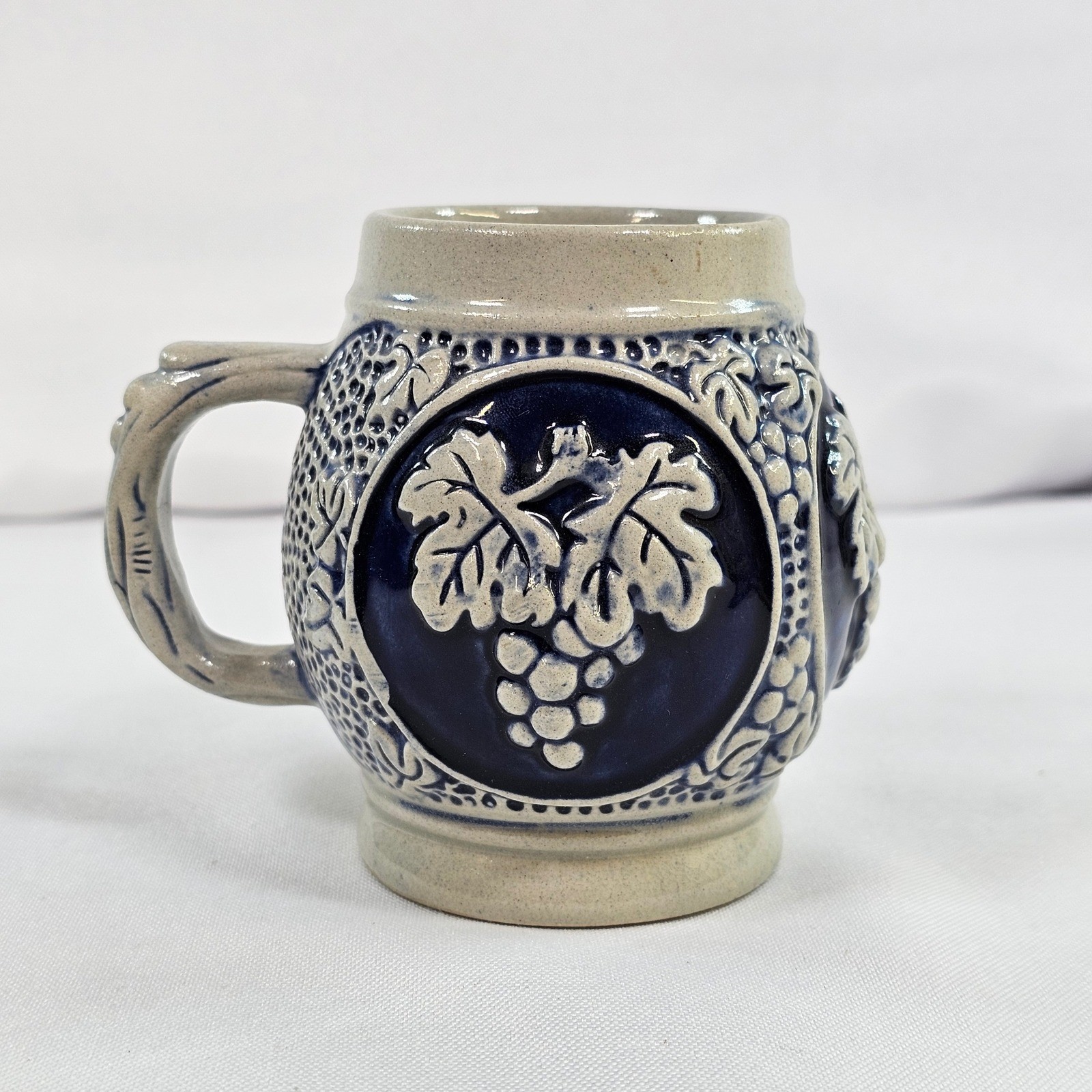 King German Salt Glaze Stoneware Beer Stein Mug Grape Relief Cobalt Blue 4in