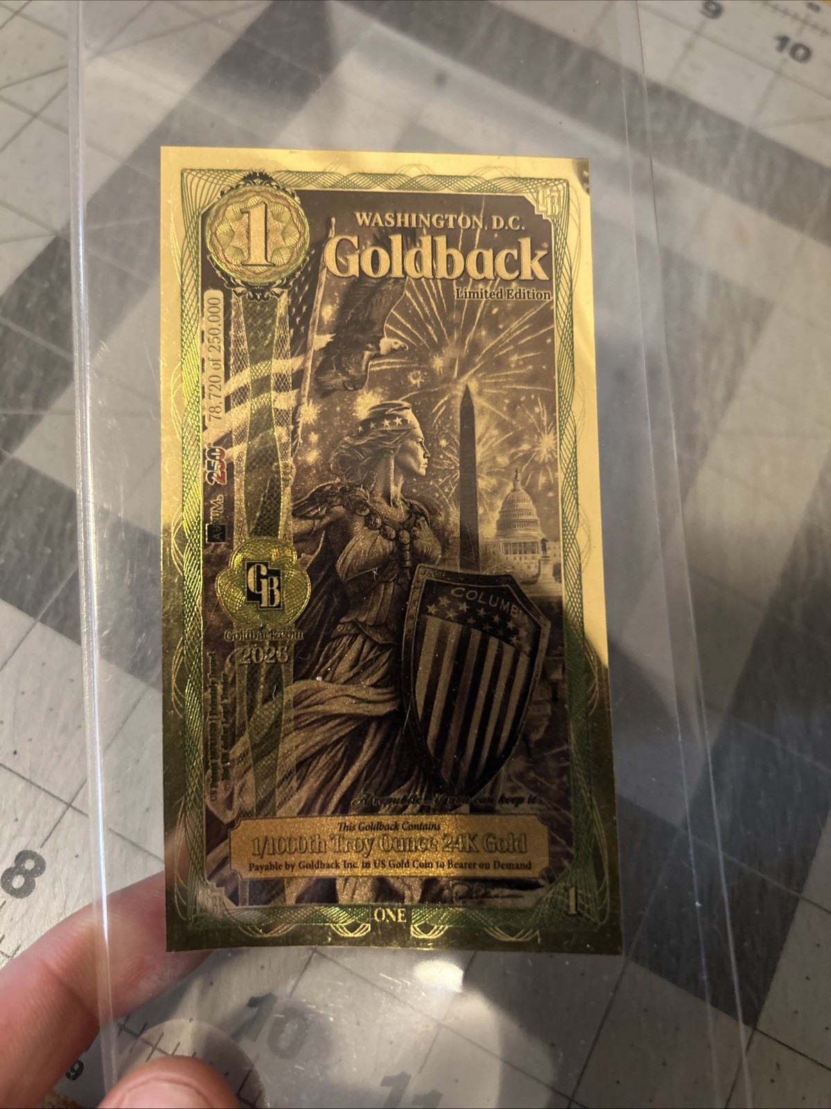 WASHINGTON D.C. GOLDBACK 1/1000th oz .999 FINE GOLD LIMITED SOLD OUT SHIPS NOW