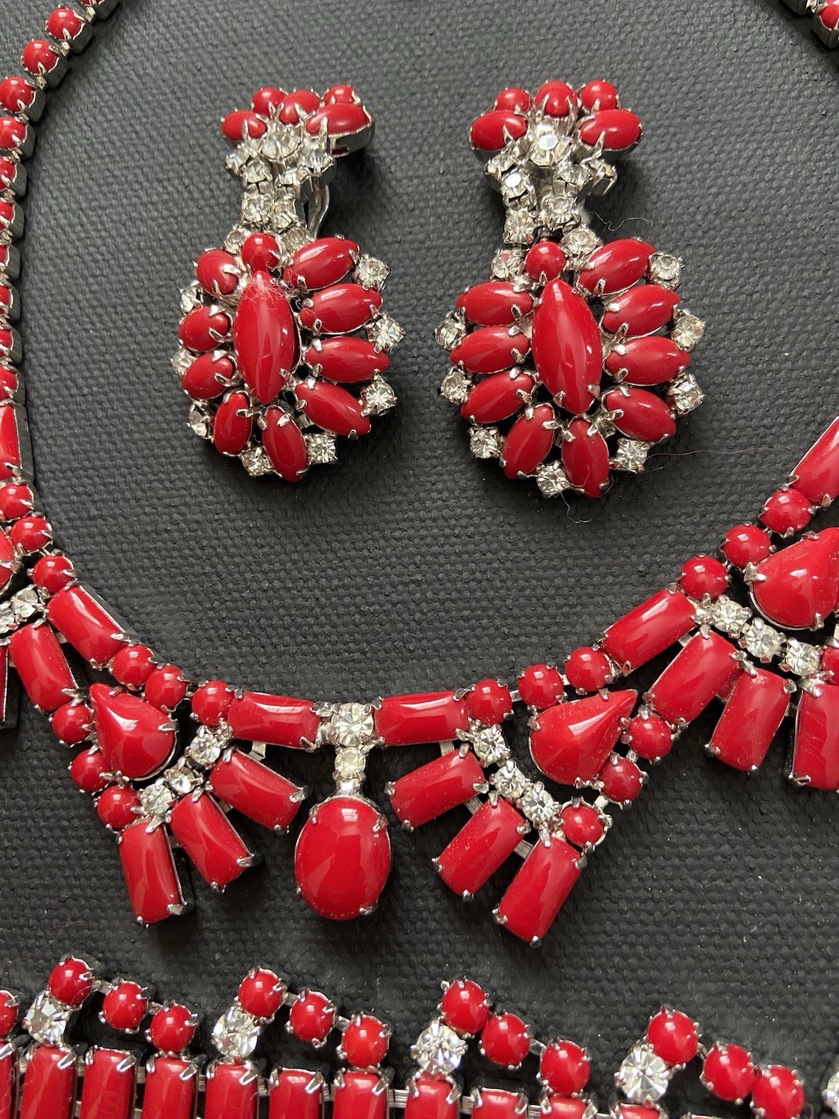 Vintage By Gale Demi Parure Deep Red Rhinestone Choker Bracelet Clip Earrings