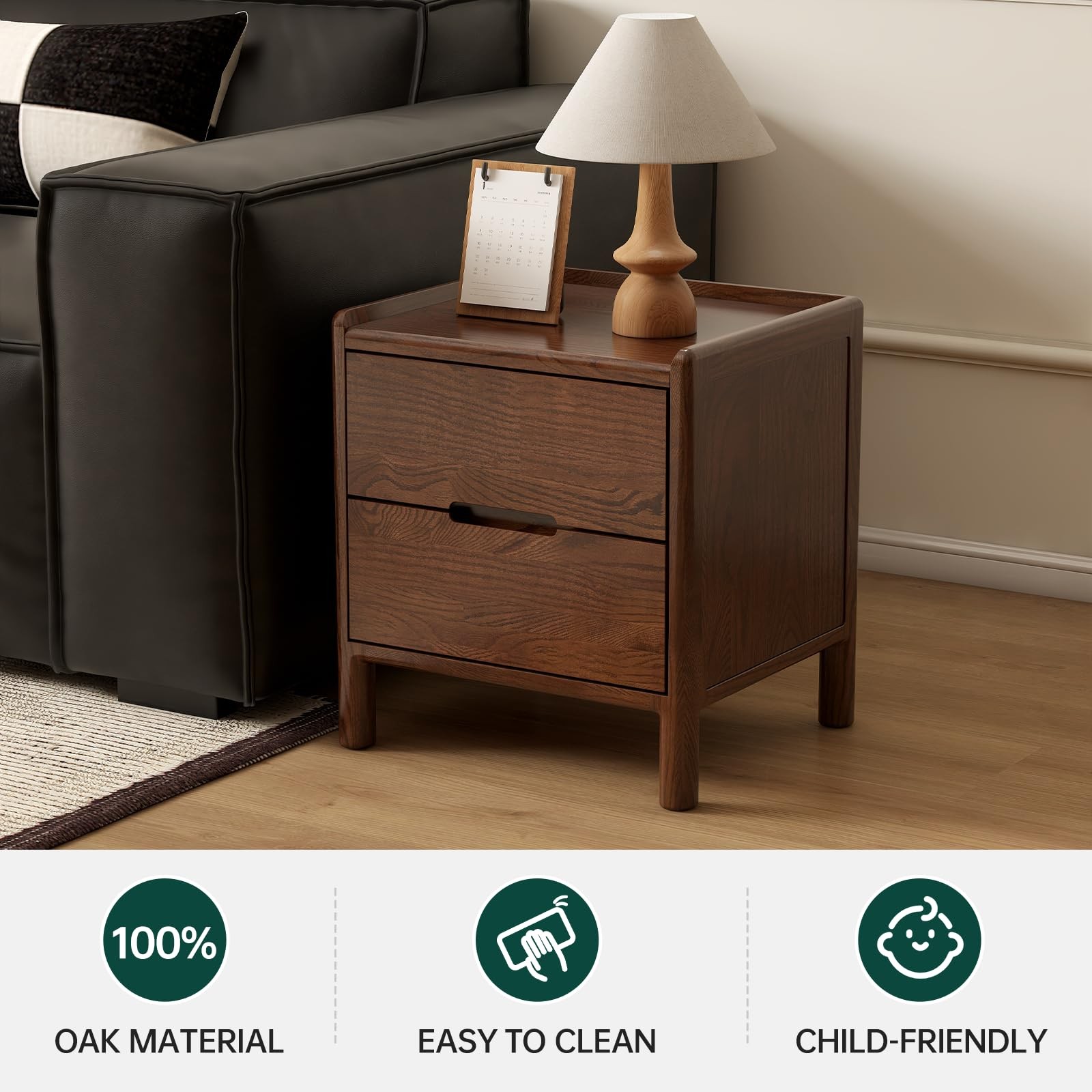 Walnut Night Stand Solid Oak Wood Mid Century Modern Bedside Table for Bedroom