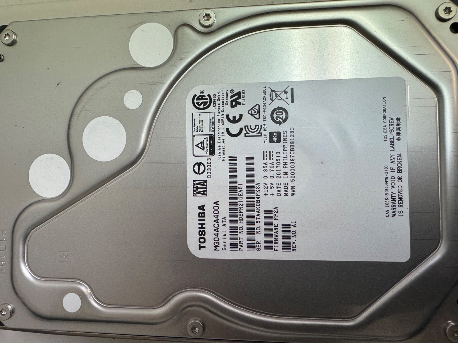 Toshiba MG04ACA400A HDEPR21GEA51 FP2A REV. A1 4TB 4000gb 3.5" SATA Hard Drive HD