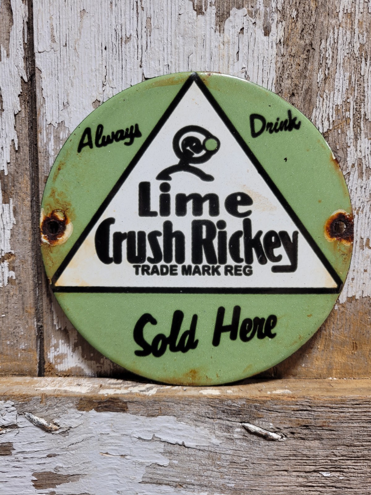 VINTAGE CRUSH PORCELAIN SIGN OLD LIME RICKEY SODA COLA POP BEVERAGE SOLD HERE