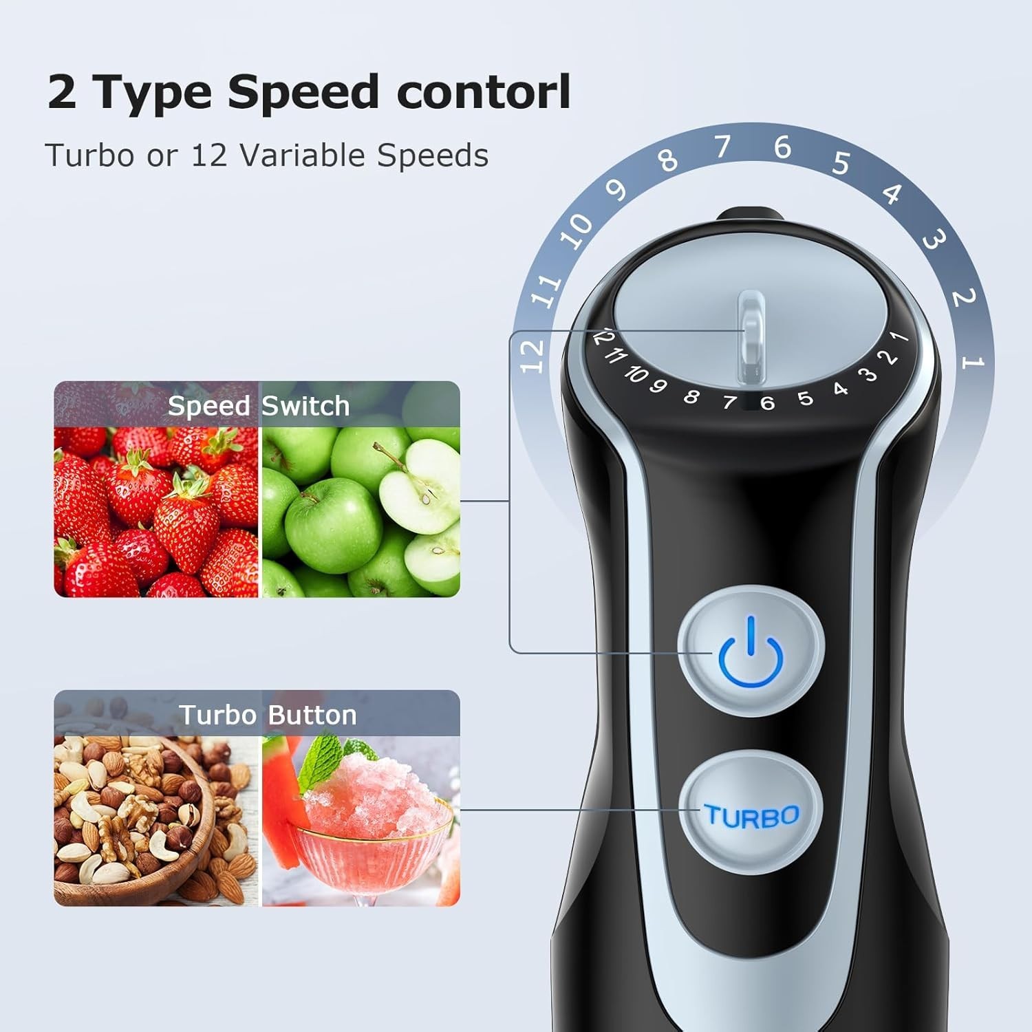 500W 4-in-1 Stainless Steel Immersion Blender with 12 Speeds & Turbo Function