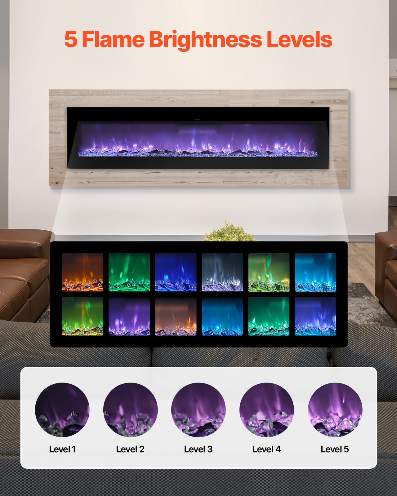 VEVOR 72 inch Electric Fireplace Wall Mounted Recessed with Remote Control 1500W