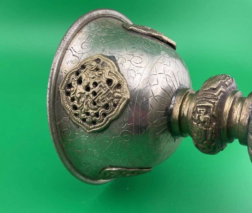 Vintage Tibetan Buddhist Butter Oil Alter Lamp Ornate Repousse Etched Designs