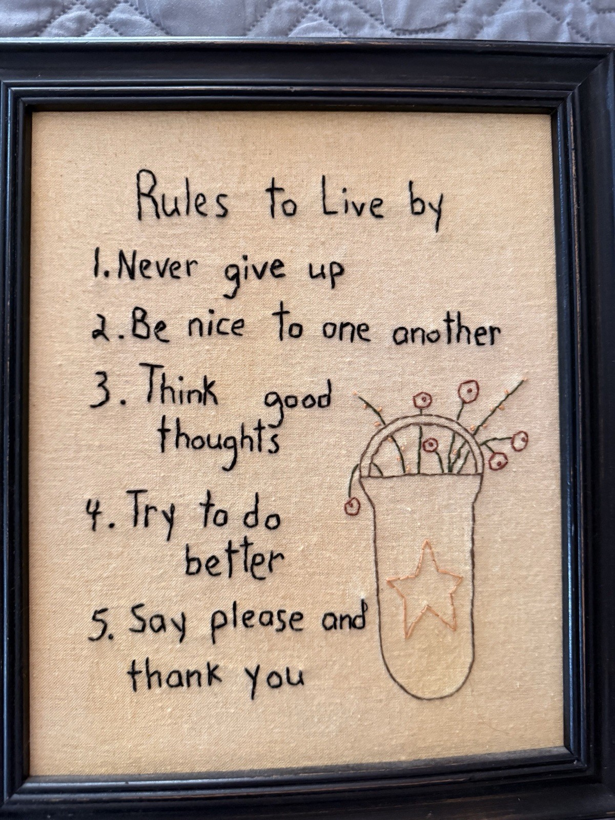 Primitive Wood Framed Embroidered Rules to Live By Flower Basket 14" × 12"