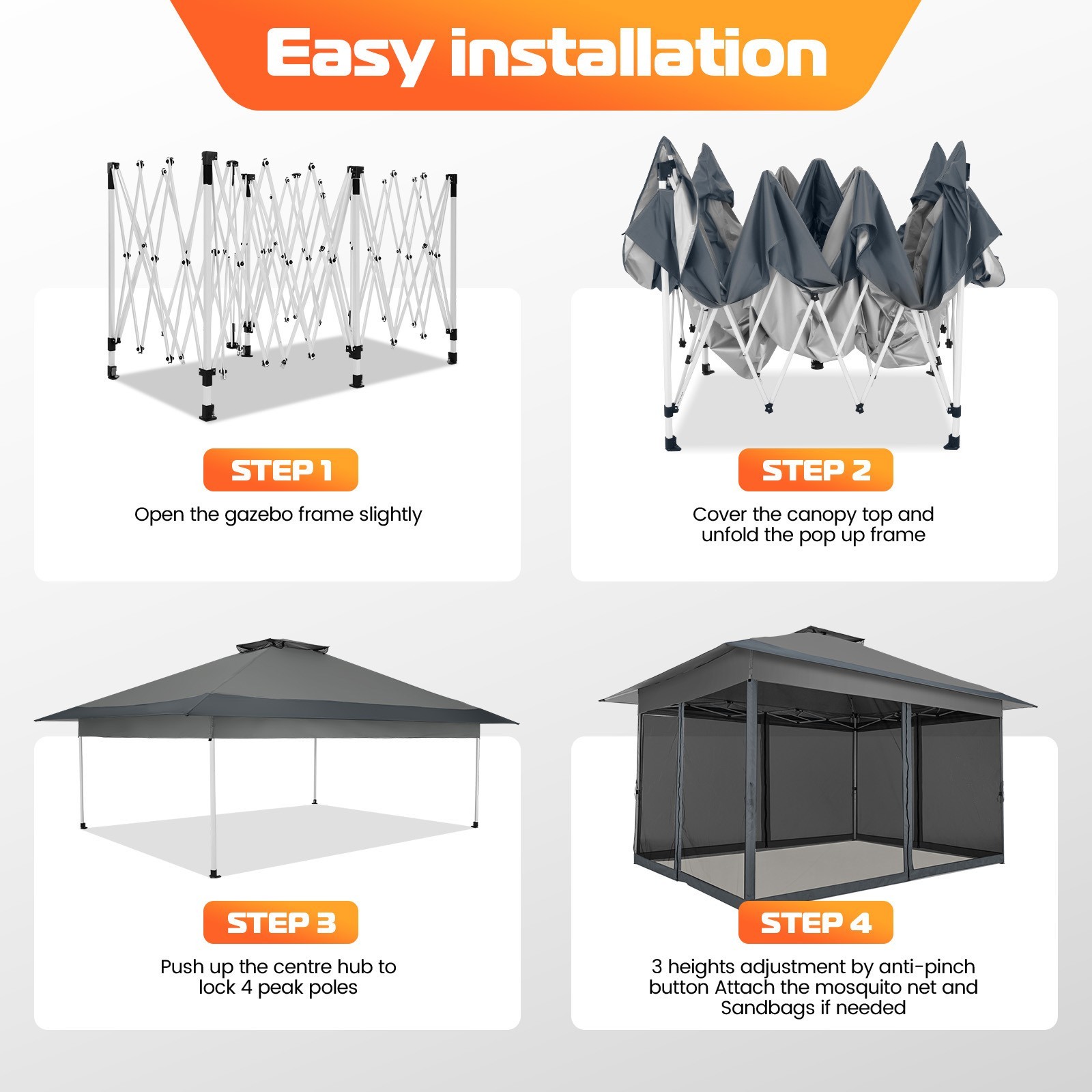 13'x13' Pop up Gazebo Screen Tent Outdoor Garden Patio Canopy with 4 Sandbags