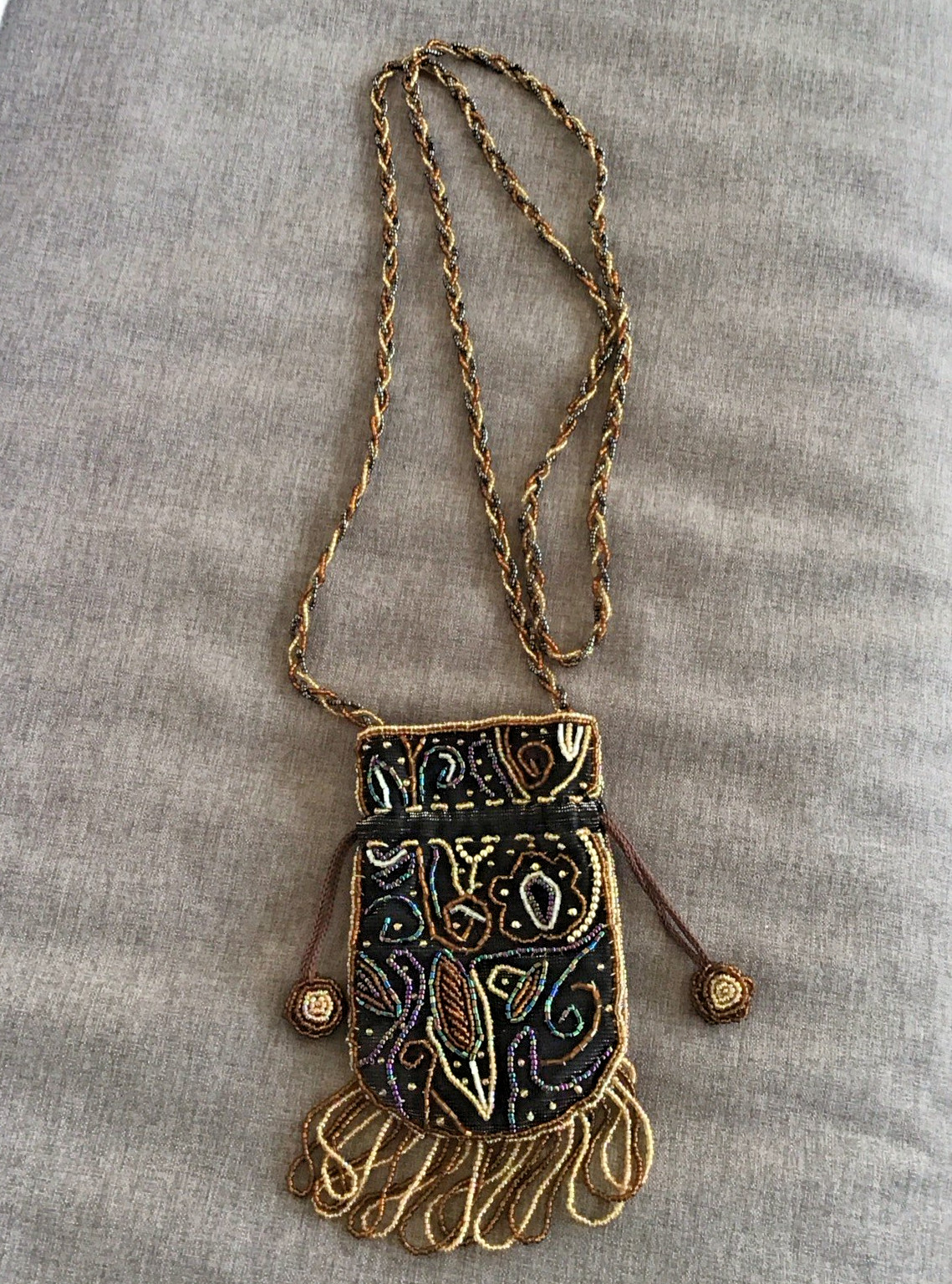 Flapper Boho Beaded Purse, VTG  (1980-90s) Brown Small Pocket Purse - Never Used