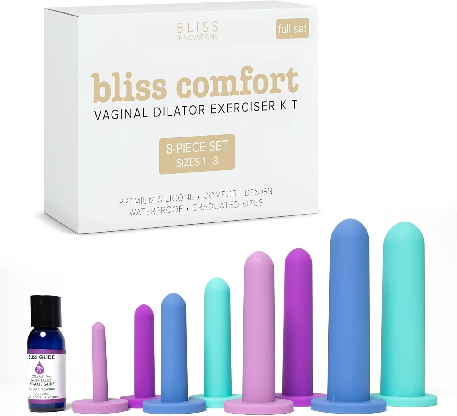 8 Vaginal Dilator Kit - Premium Silicone Pelvic Floor Exerciser with Bag & Glide