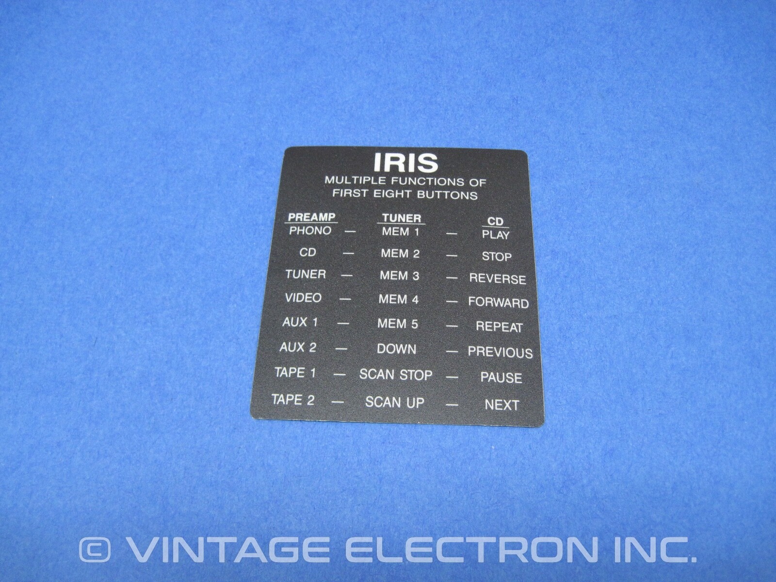 NOS HAFLER IRIS Remote Control REAR PANEL LABEL