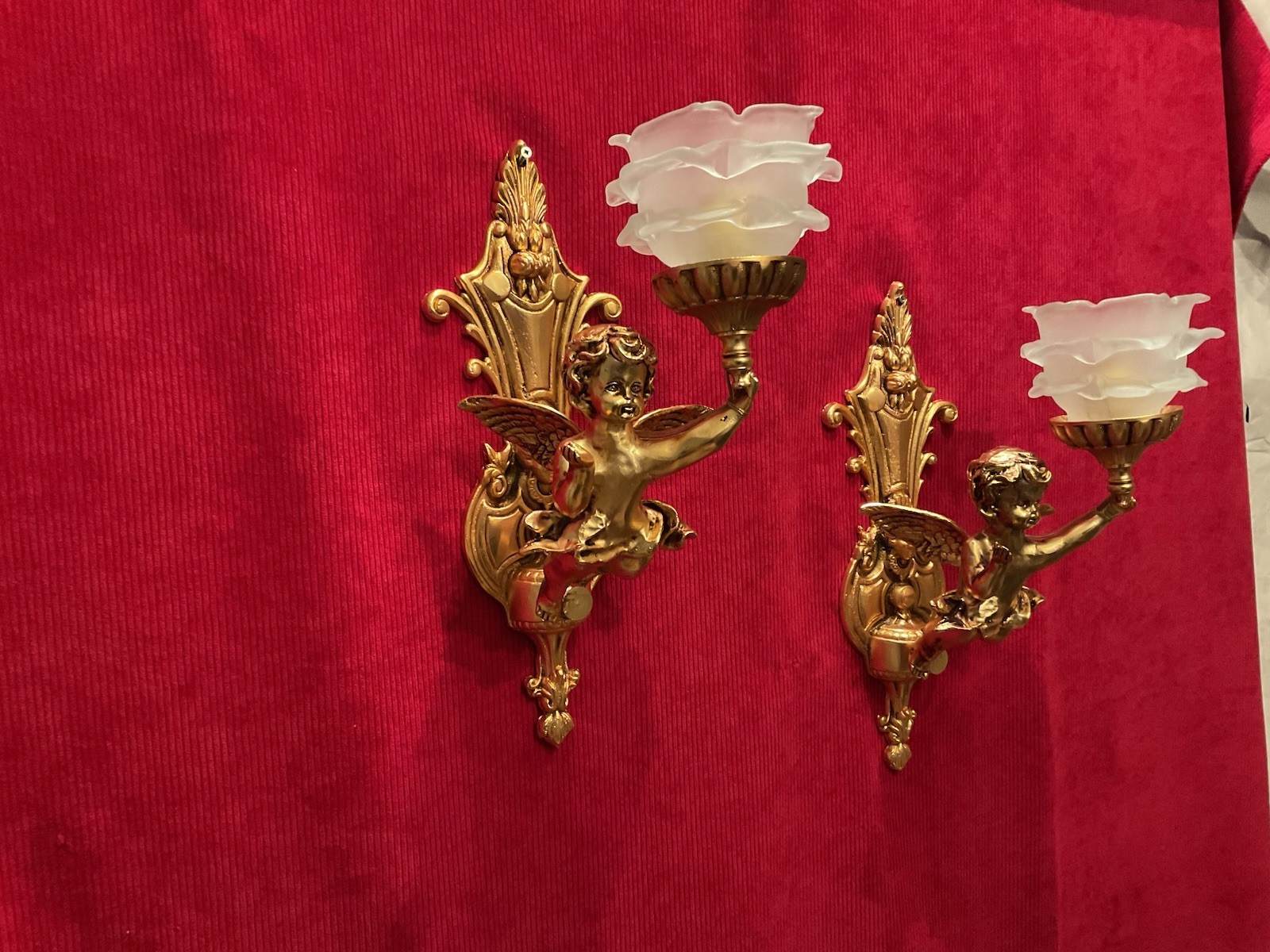 Pair Of Vintage French Putti Cherubs Winged angel Wall Lights Ormolu