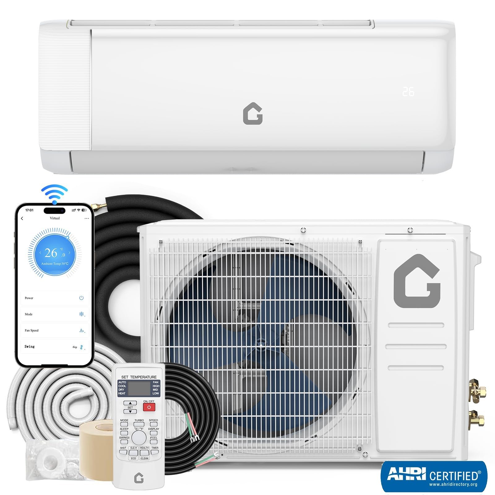 24,000 BTU Ductless Air Conditioner, Heat Pump Mini Split 220V 2 Ton W/kit, WiFi