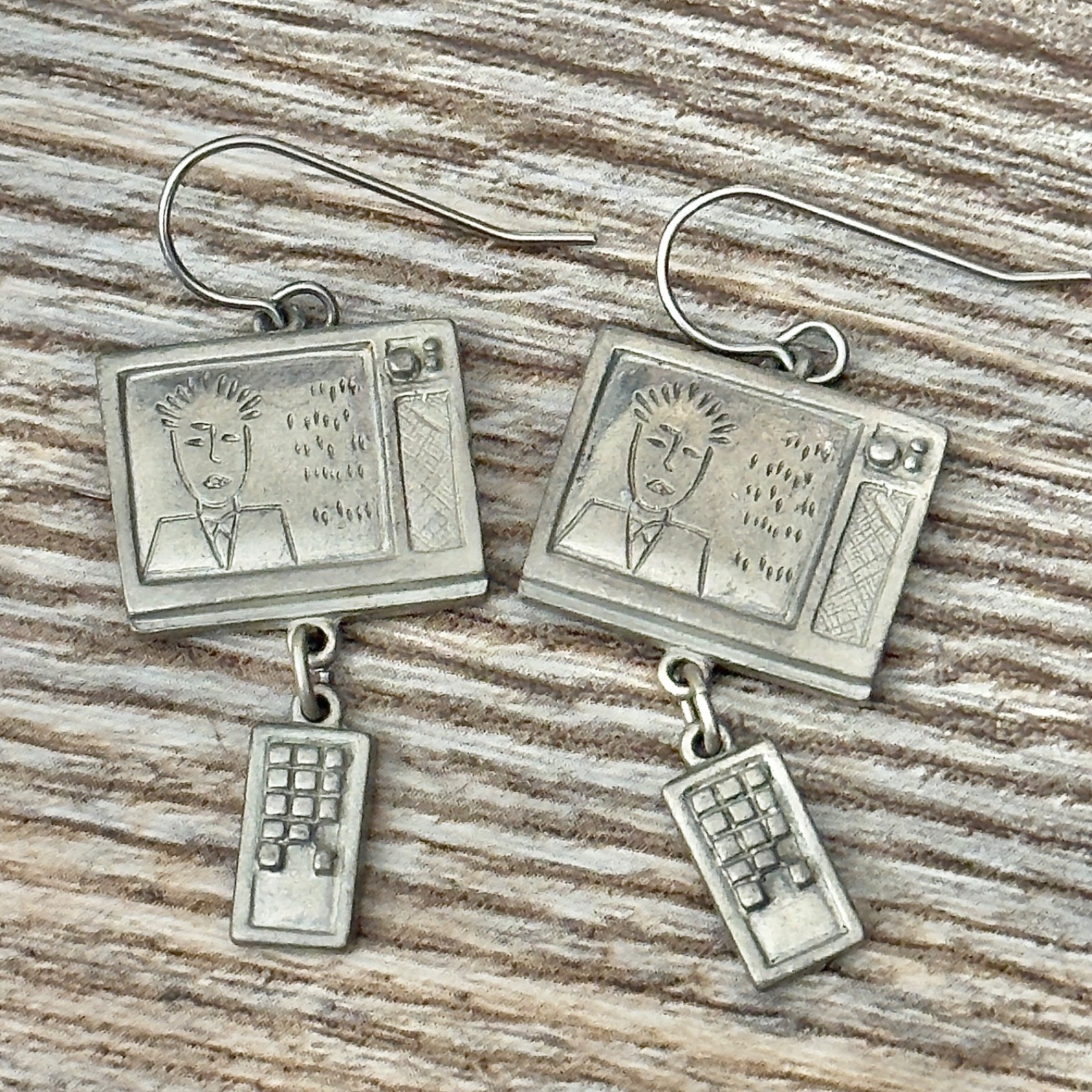 Vintage Jim Clift Dangle Earrings TV Television & Remote Pewter