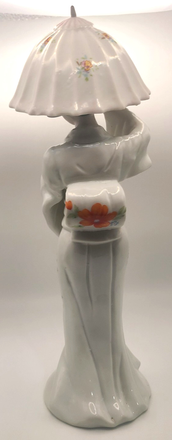 Vintage Japanese Geisha with Umbrella Floral Porcelain Statue 13" Unique