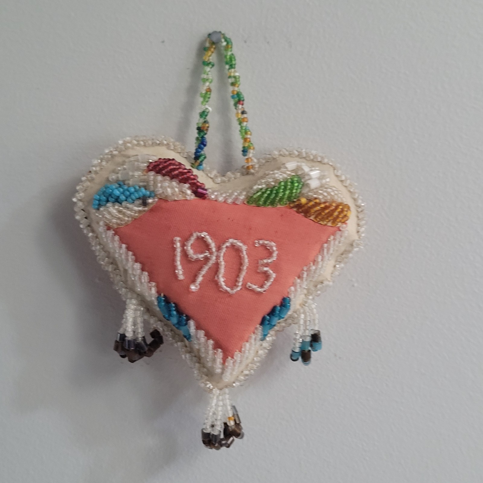 Antique 1903 Native American Beaded Heart Shaped Pillow Iroquis 5.5" x 5"