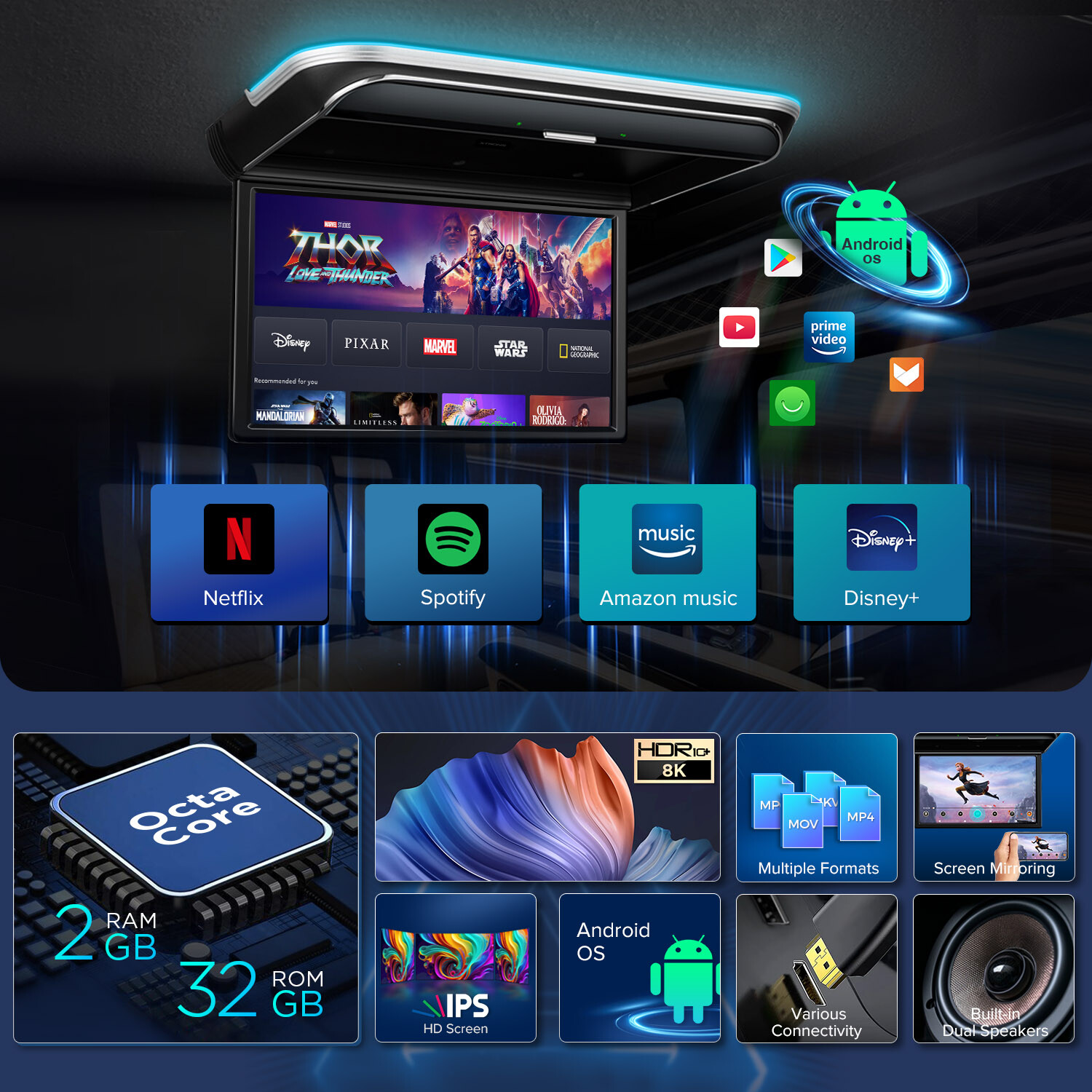 17.3" Car Roof TV Video Flip Down Overhead Monitor IPS Screen WiFi HDMI 1080P