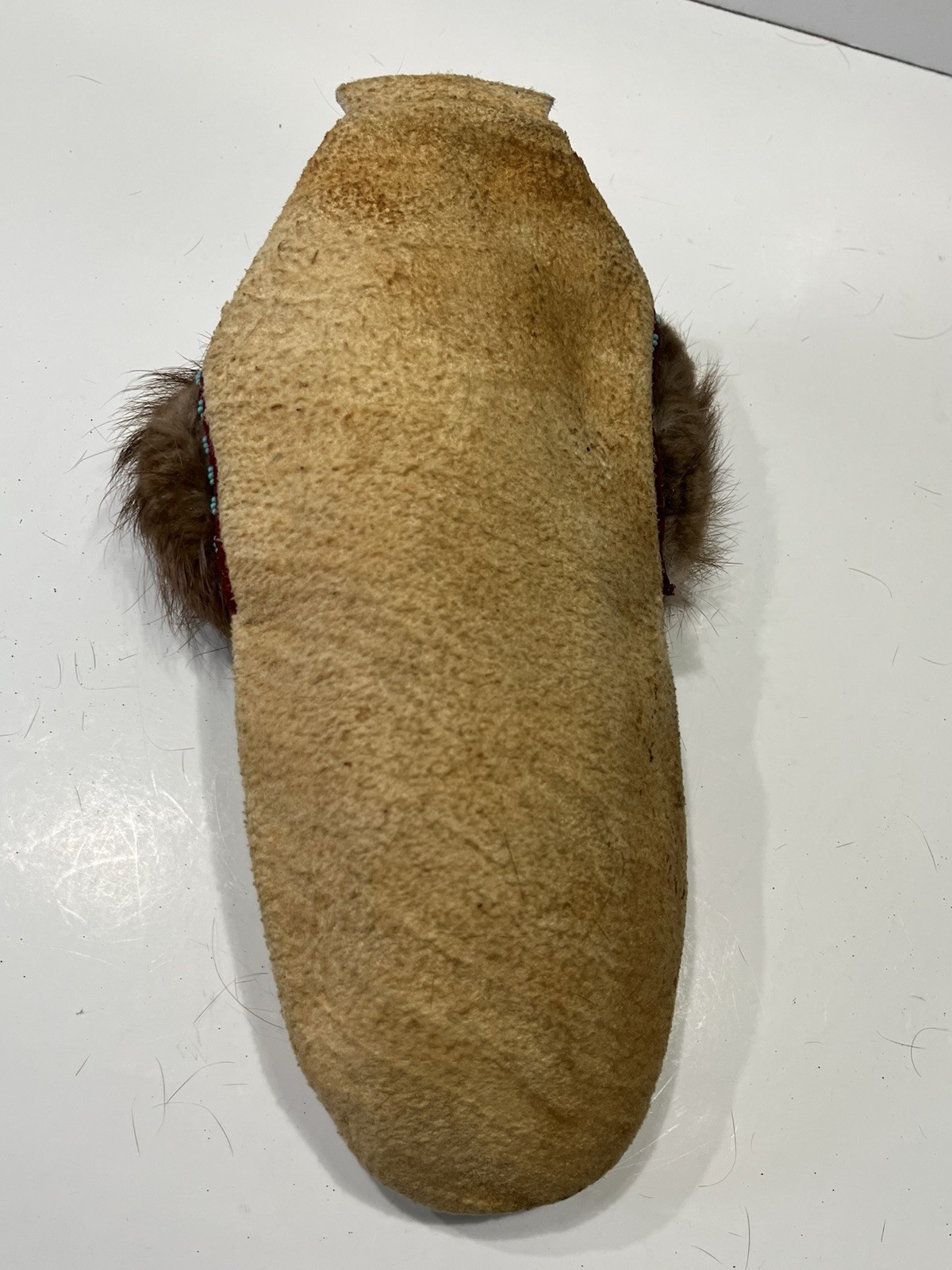 Single Vintage Beaded Indian Moccasin On Hide -Rabbit Fur With Floral Beading