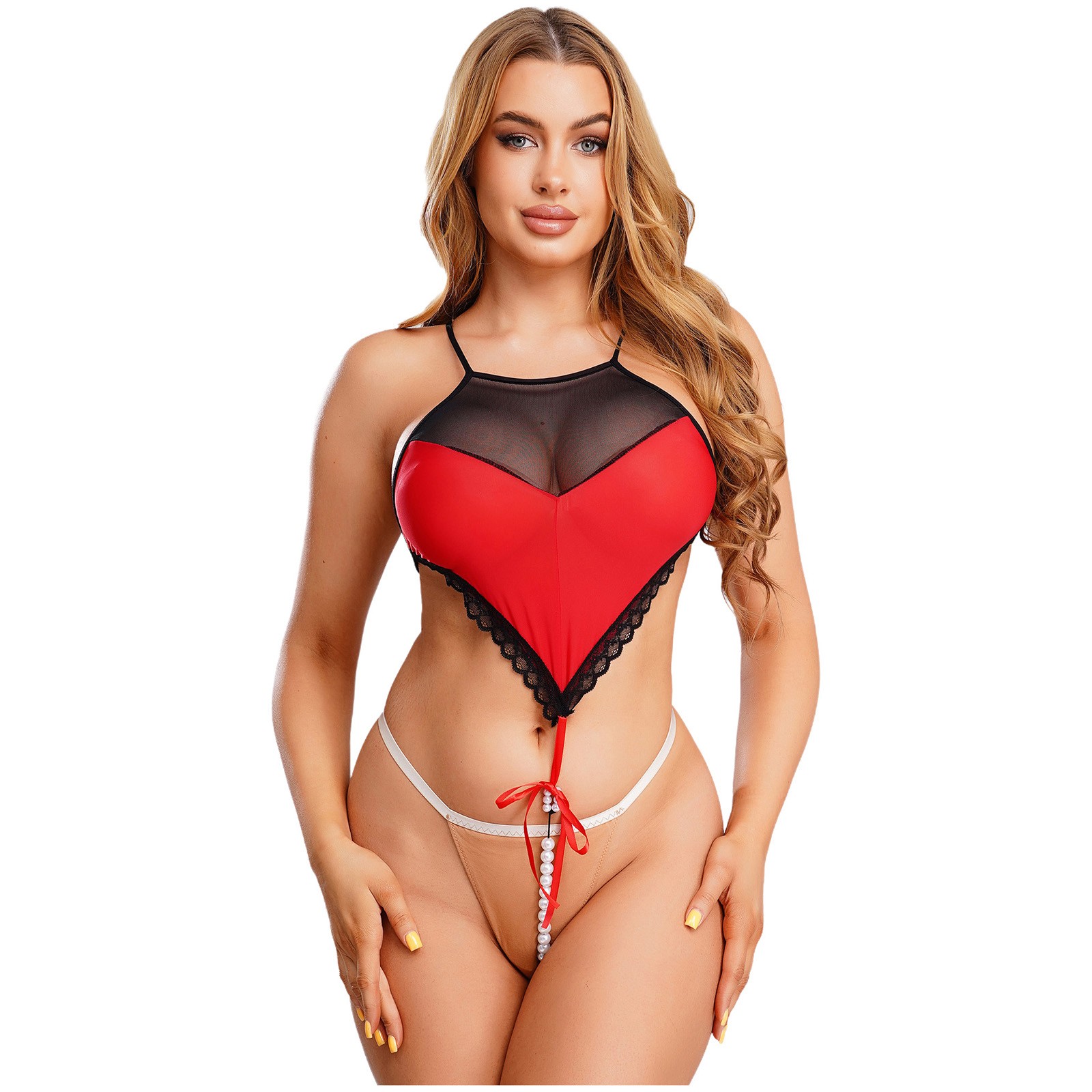 Womens See Through Lingerie Bodysuit Underwear Nightwear with Pearls Babydoll