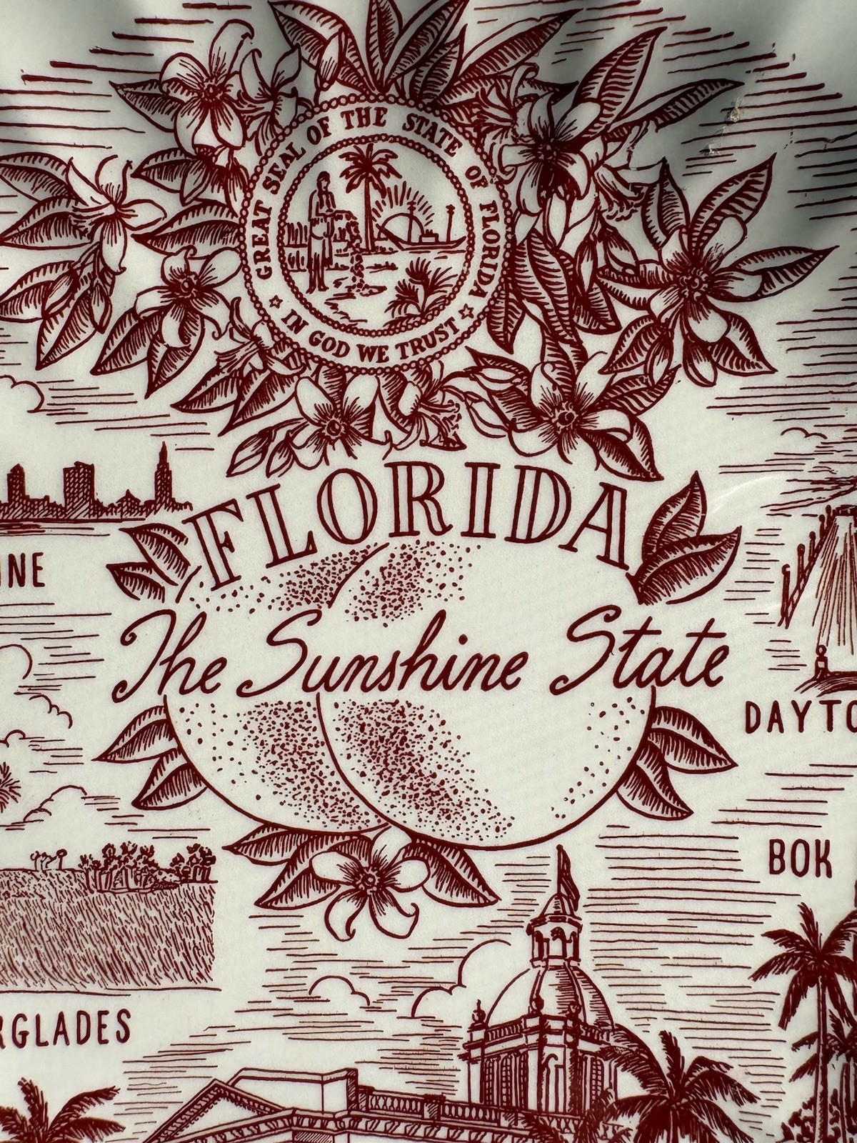 VTG Florida Souvenir Plate Sunshine State Transfer Ware Scallop Edge Kitsch Wall