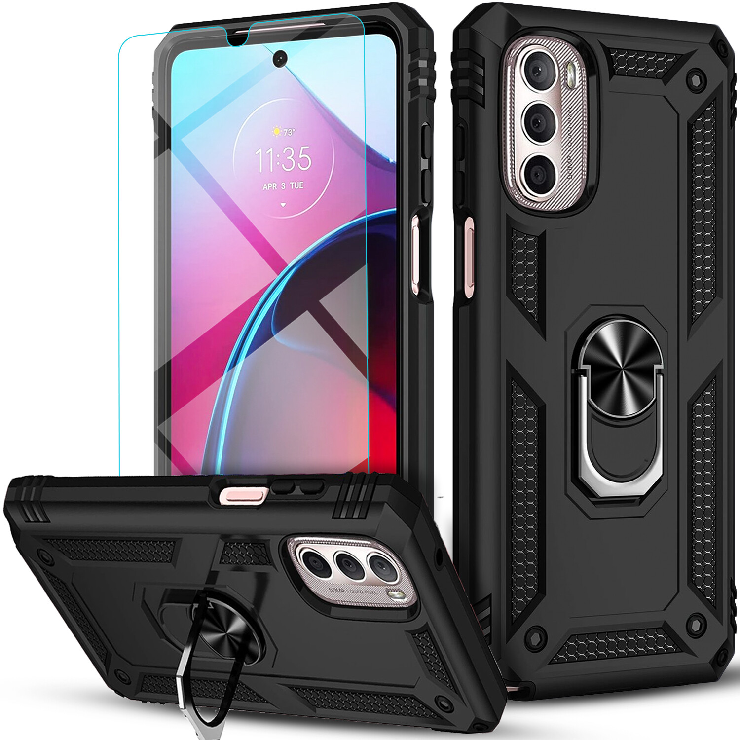 For Motorola Moto G 5G 2023 2022 Case Ring Stand Cover +Tempered Glass Protector