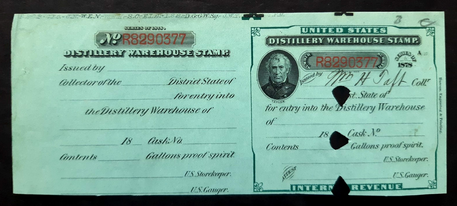 🔥US 27th President WILLIAM H. TAFT Signed 1878 DISTILLERY WAREHOUSE TAX STAMP
