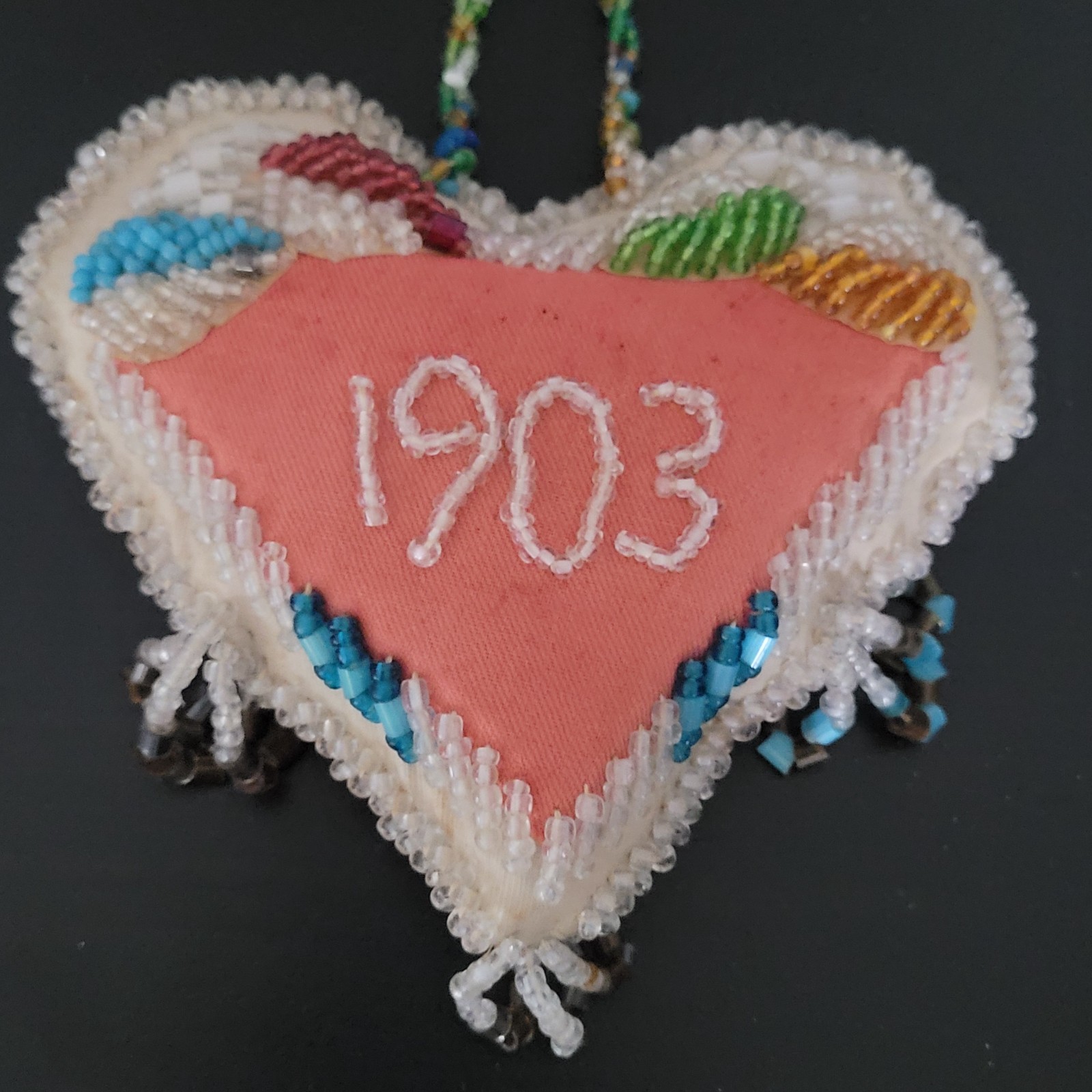 Antique 1903 Native American Beaded Heart Shaped Pillow Iroquis 5.5" x 5"