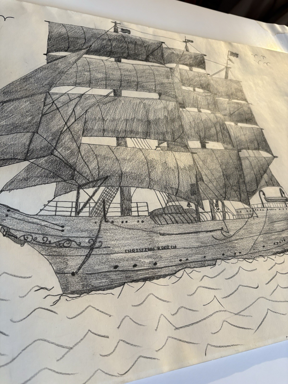 Pencil Drawing Norwegian Full Rigged Tall Sailing Ship Christian Radich Signed