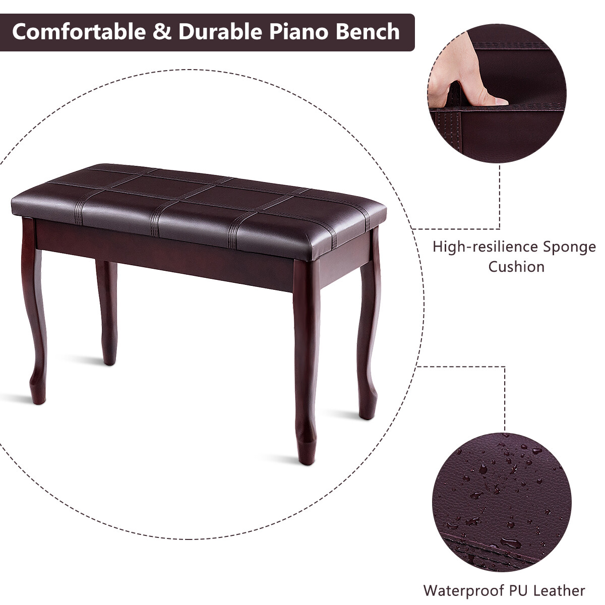 Solid Wood PU Leather Piano Bench Padded Double Duet Keyboard Seat Storage Brown