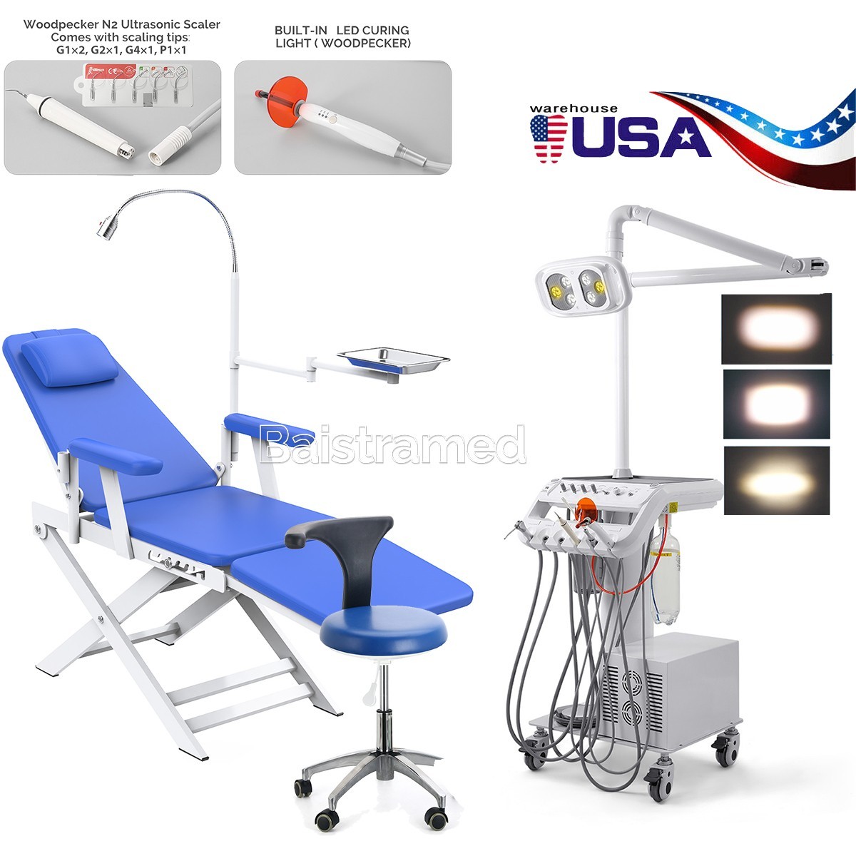 Portable Dental Unit with 4Hole Air Compressor Curing Light+LED Oral Light/Chair