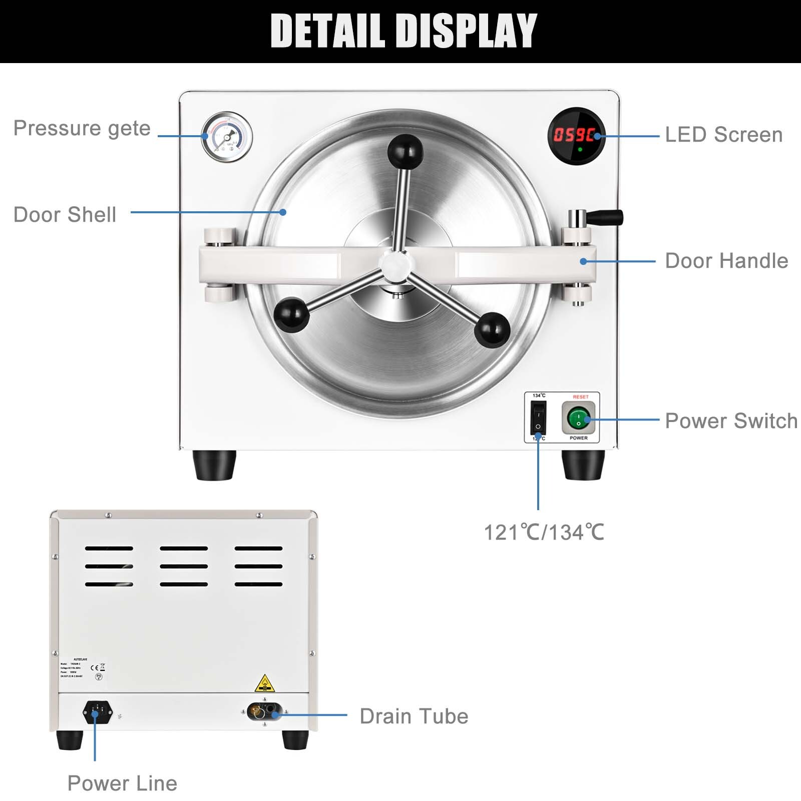 18L Dental Autoclave Steam Sterilizer 252℉ & 273℉ Surgical Medical Sterilization