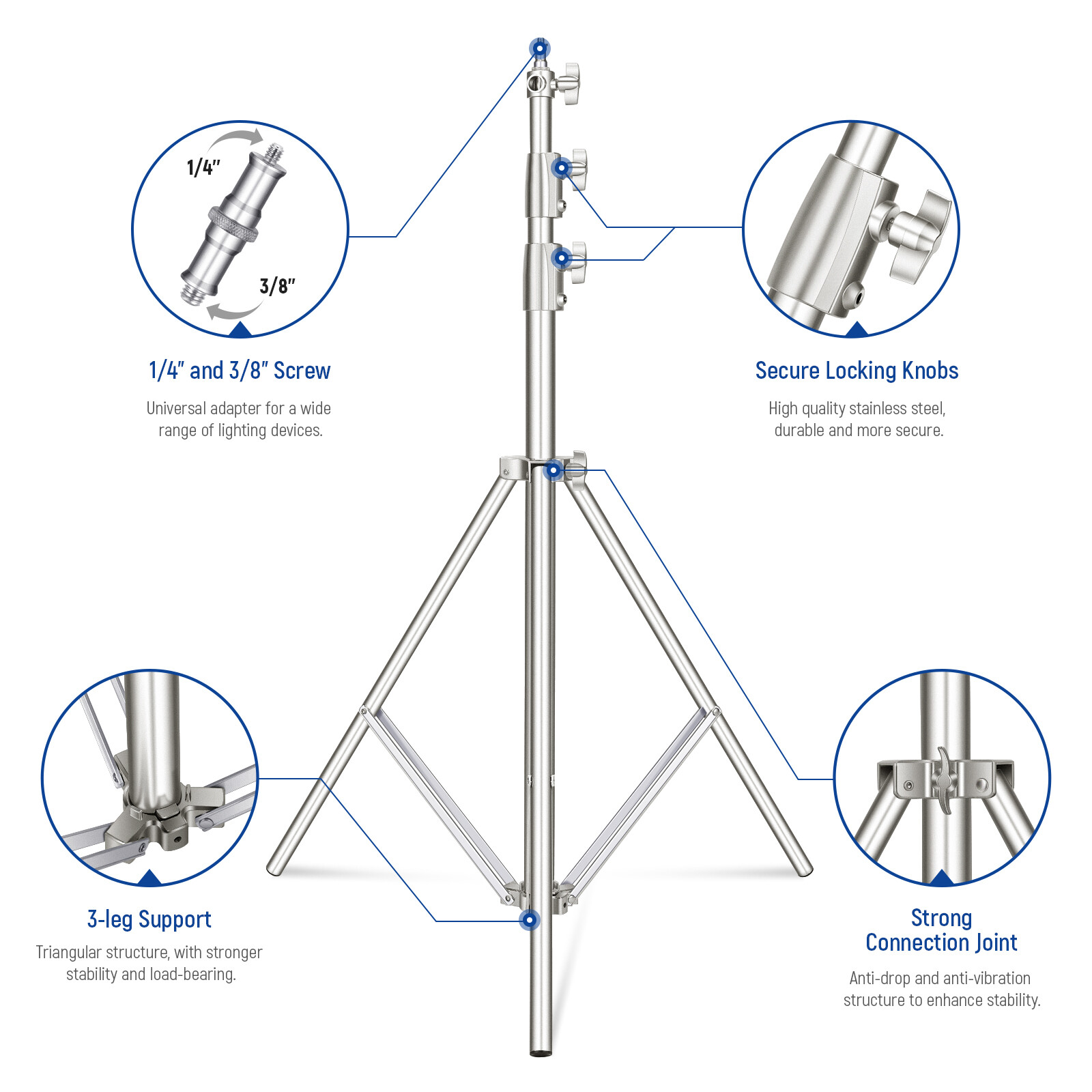 NEEWER 2.8m Spring Cushioned Heavy Duty Stainless Steel Light Stand Tripod Stand