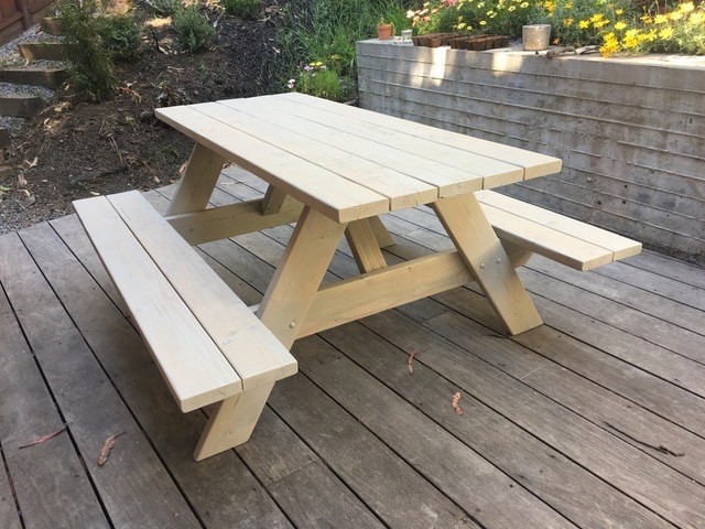 Picnic table made from Douglas Fir wood 6ft with attached benches. Custom made.