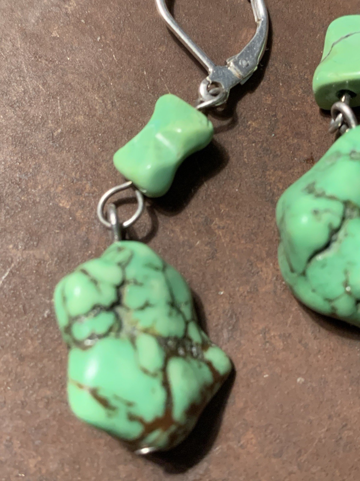 Gorgeous Artisan Chunk Bright Green Turquoise Dangle Stone Earrings