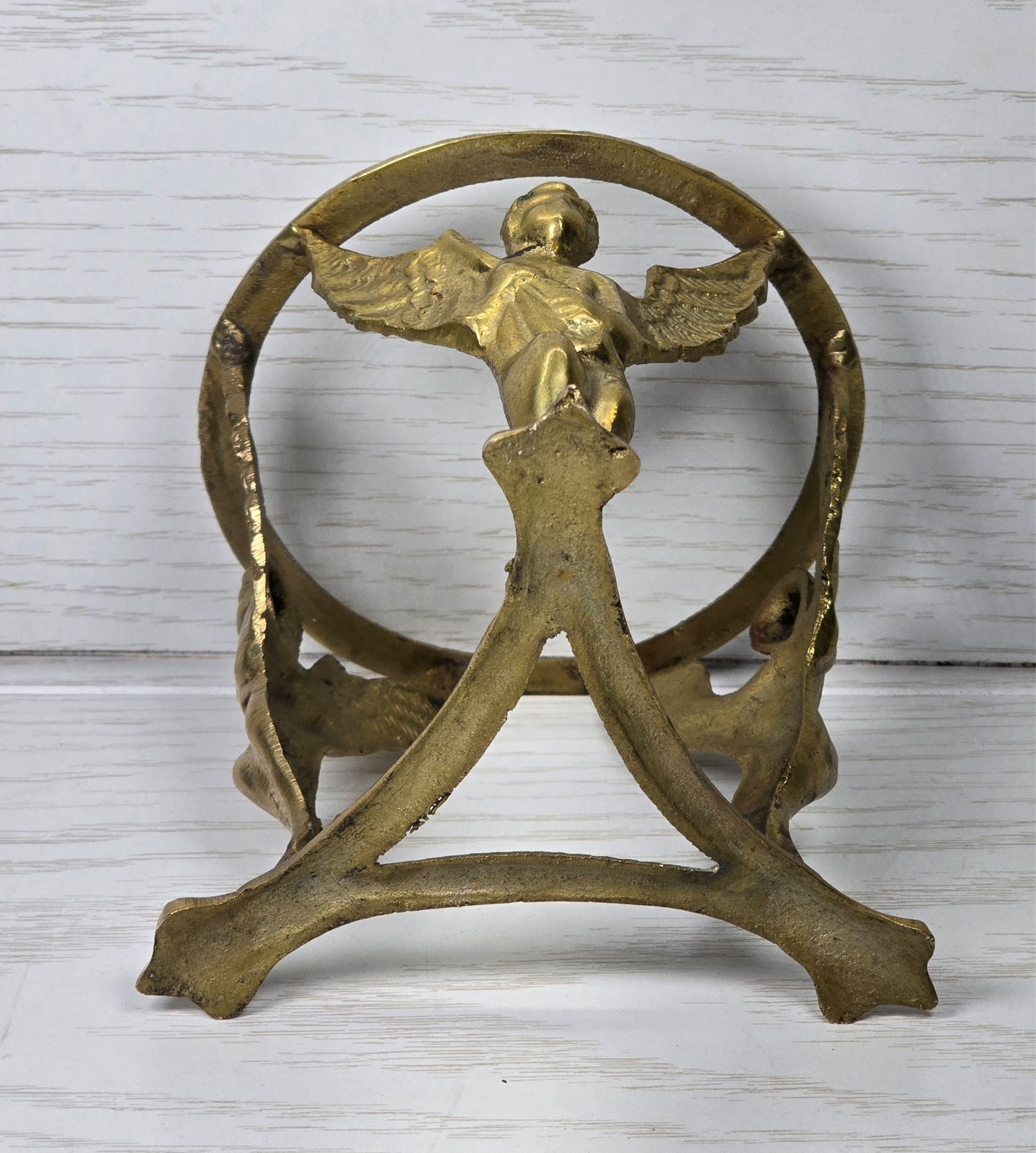 VTG Brass Cherub Angel Plant Stand Vase Holder Figural Putti Art Deco Table Base